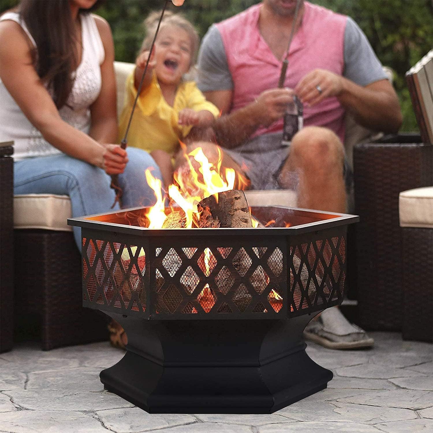 Iron Fire Pits with Poker for Garden,Hexagonal Shaped Metal Fire Pit Garden Stove with Spark Screen and Fireplace Cover for Outdoor Patio Backyard Camping Poolside