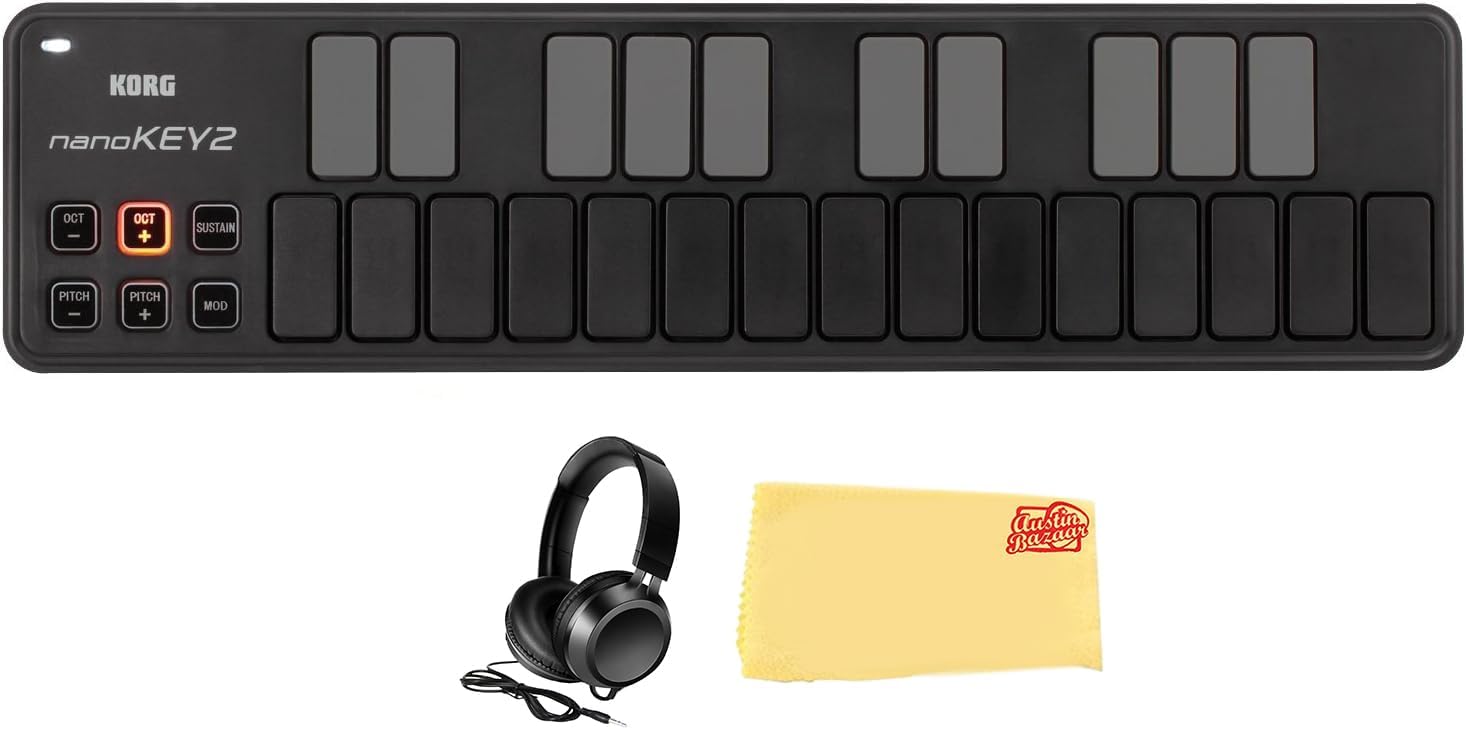Korg nanoKEY2 Slim-Line USB Keyboard Controller - Black Bundle with Headphones and Polishing Cloth