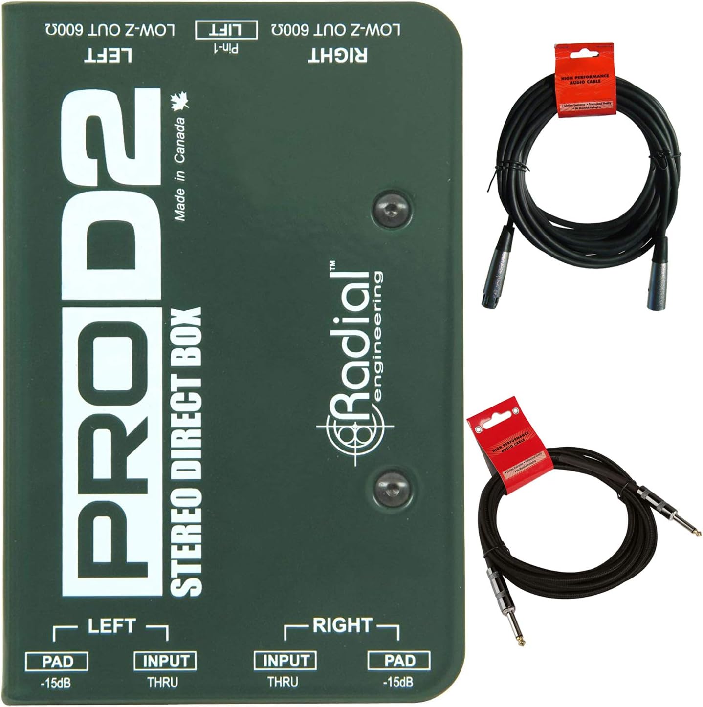 Radial ProD2 Passive 2 Channel Instrument Direct Box Passive Stereo DI with Isolation Transformer, 15dB Pad and Lift Switch with Senor Microphone Cable and Instrument Cable