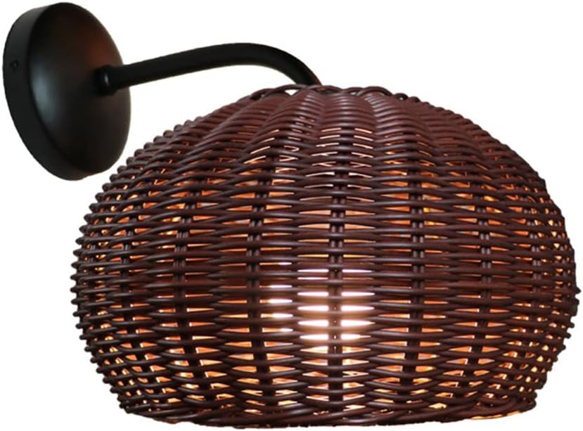 Rattan Wall Light Fixtures Outdoor/Indoor Wall Sconces Waterproof Handmade Lampshade Hallway Sconces Lighting E27 Wicker Wall Lamps for Bedroom Living Room Restaurant Garden Doorway Patio (Brown)