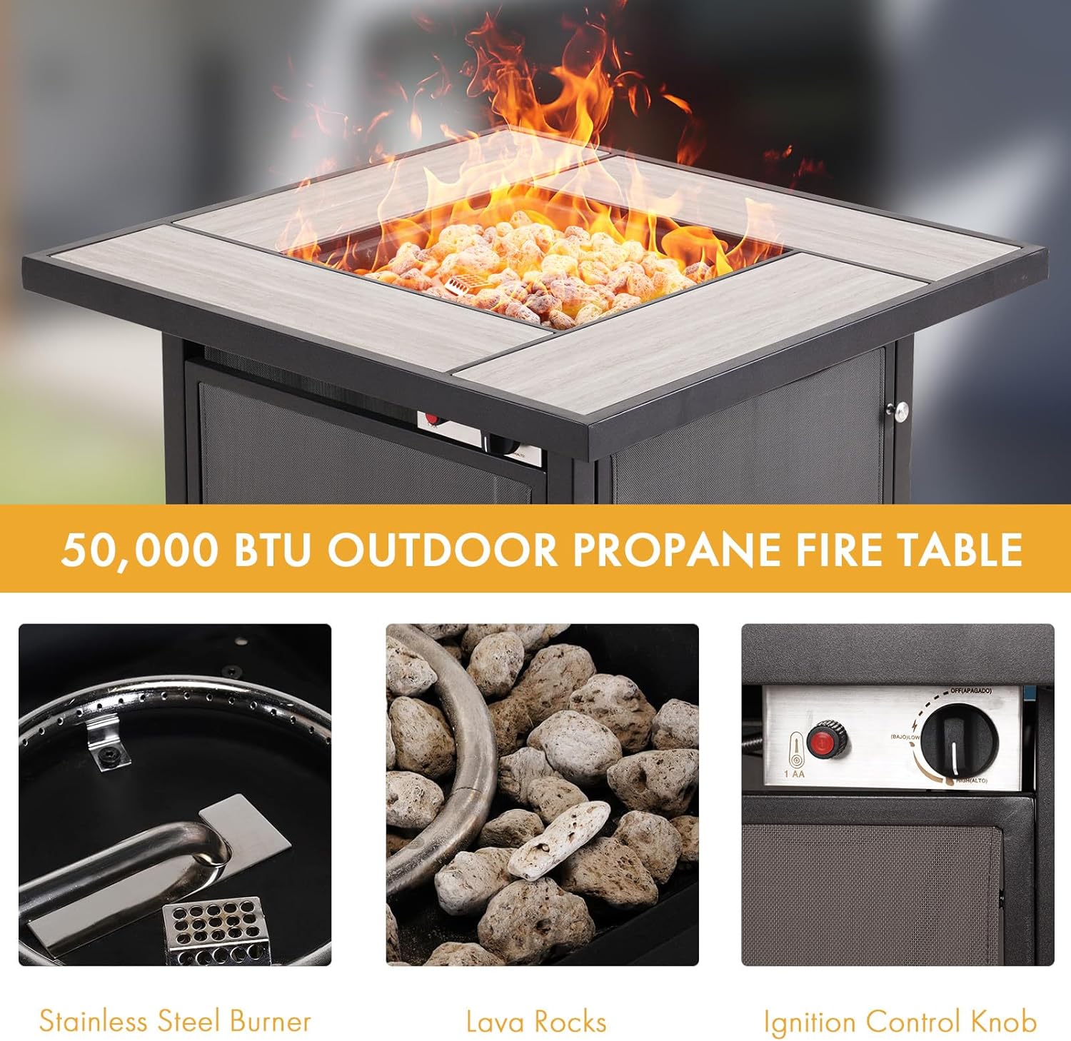 Propane Fire Pit Table, 32 Inch Square Outdoor Gas Fire Pits Clearance 50,000 BTU with Ceramic Tile Tabletop, Removable Lid, Lava Rocks for Outside Patio, Garden, Deck, Yard…