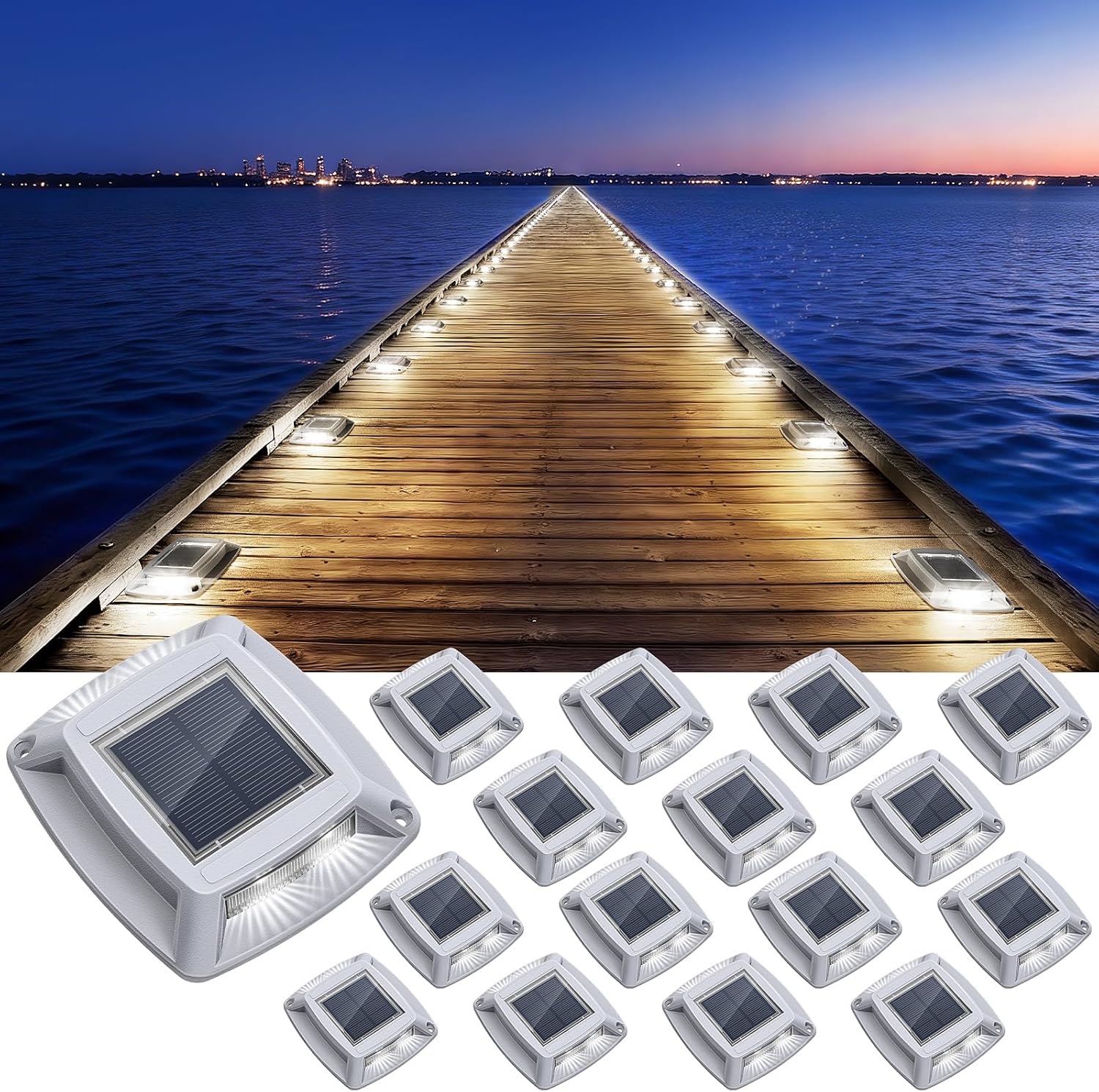 Solar Driveway Lights Outdoor 16 Pack, IP68 LED Solar Powered Waterproof Driveway Marker Deck Dock Lights for Dock Step Pathway Walkway Sidewalk Garden Yard Stair Marine (White)