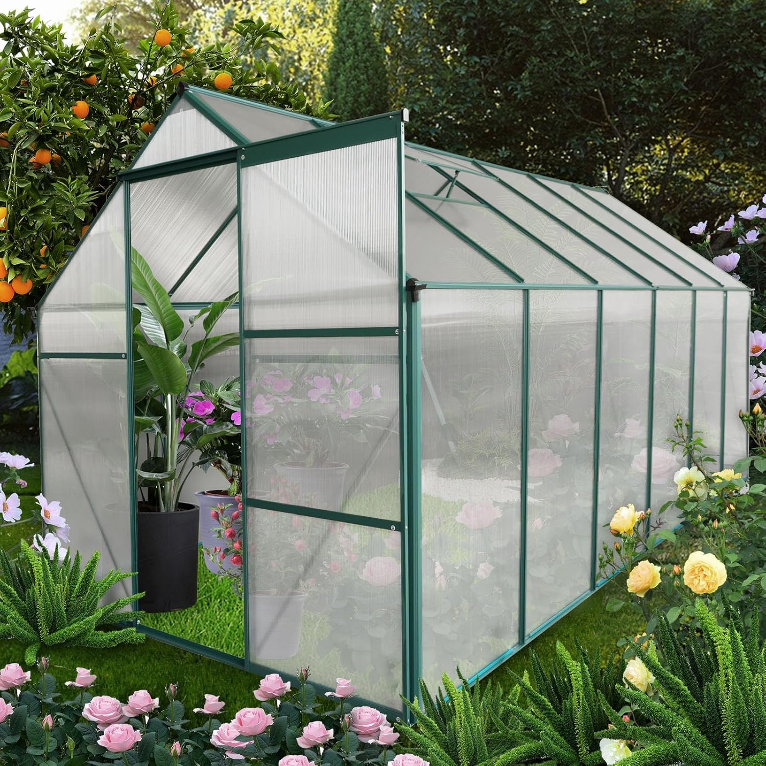 Favfurish 6x12 FT Greenhouse, Outdoor Polycarbonate Hot House, Garden Plants Green House with Raised Base, Sliding Door and Adjustable Vent Roof for Outdoor Patio, Green