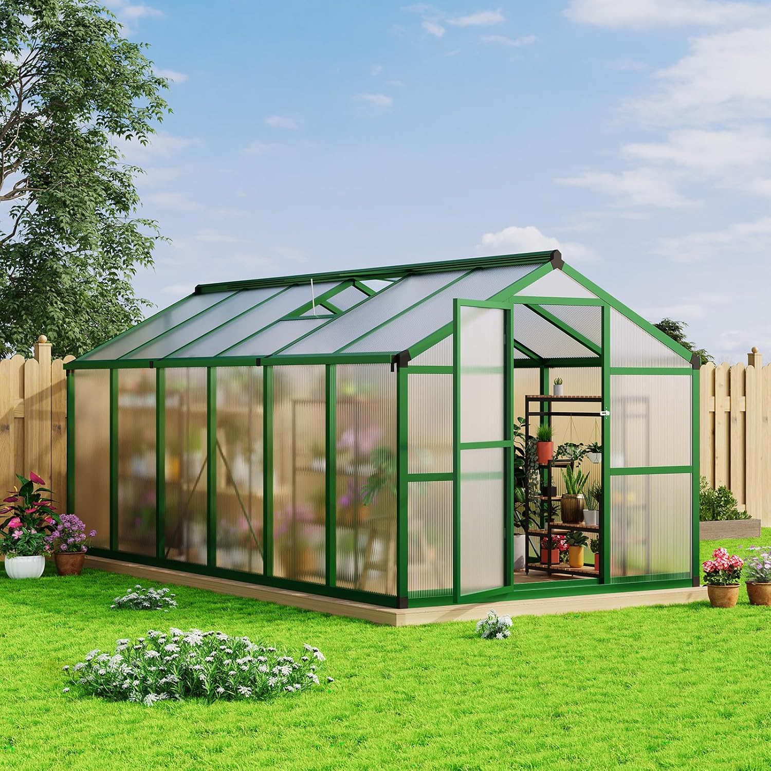 8x12 FT Greenhouse for Outdoors, Large Aluminum Greenhouses with Adjustable Roof Vent, Heavy Duty Greenhouse with Ground Nails, Walk-in Green Houses for Outside Garden, Backyard, Patio