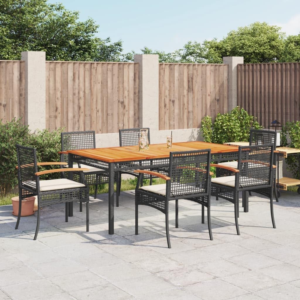 7 Piece Patio Dining Set with Cushions Black Poly Rattan Garden Furniture
