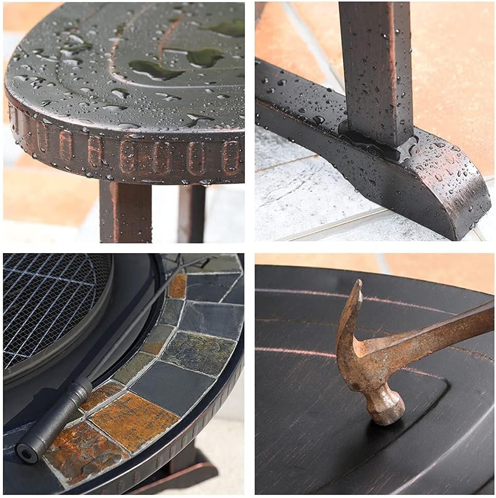 Outdoor Charcoal cast Iron Marble Round fire Pit Table Full Set of Tables and Chairs one Table Dual Purpose Multifunctional Easy-to-Clean Barbecue Stove