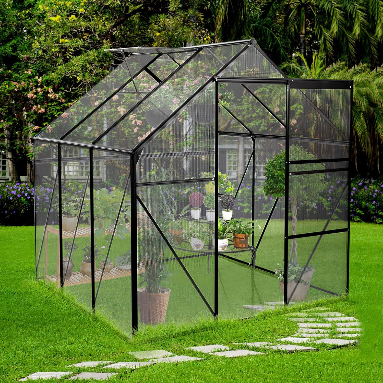 6x6 FT Polycarbonate Greenhouse, Outdoor Walk-in Garden Plants Green House, Adjustable Roof, Drainage System, Galvanized Base and Sliding Door for Outdoor Backyard