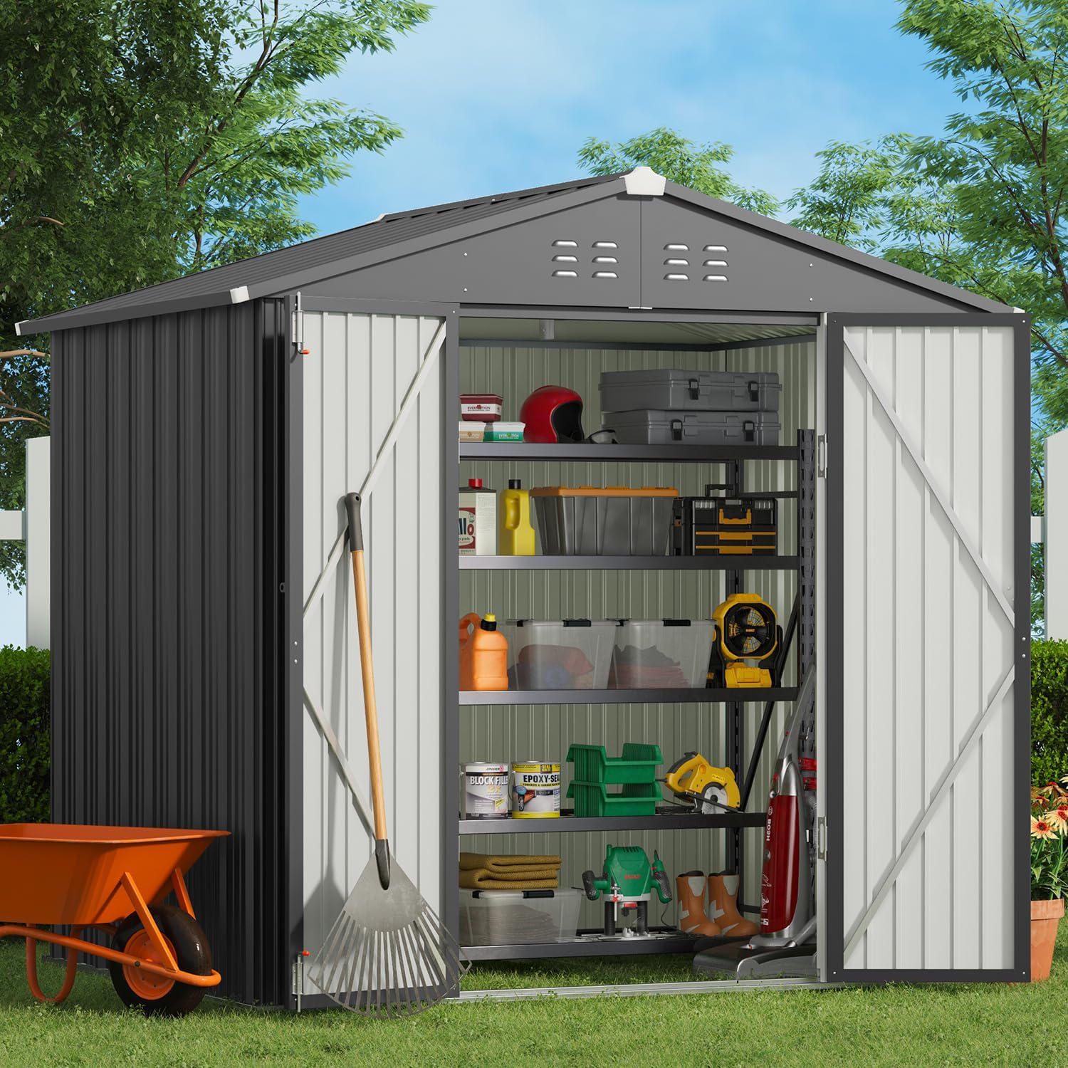 Gizoon Outdoor Storage Shed 8 x 6 FT, Galvanized Metal Garden Shed with Double Lockable Doors, Outdoor Storage Clearance for Backyard Patio Lawn-Dark Grey