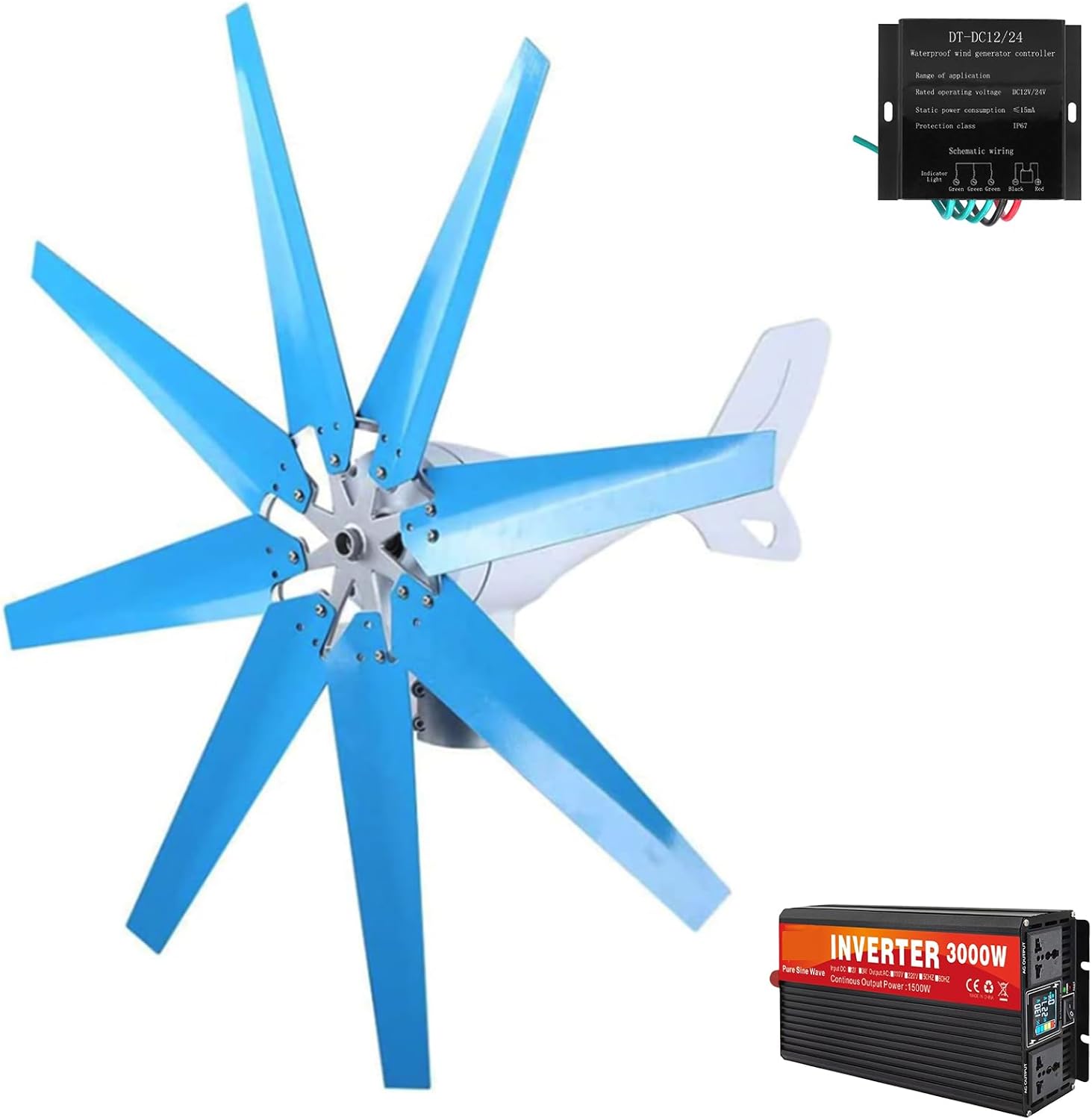 3000W Wind Turbine Generator Set, Household Noise Free 8-Blade Windmill Generator 12V 24V 48V 220V with Controller Suitable for Ships, Terraces, Cabins, Homes,24V