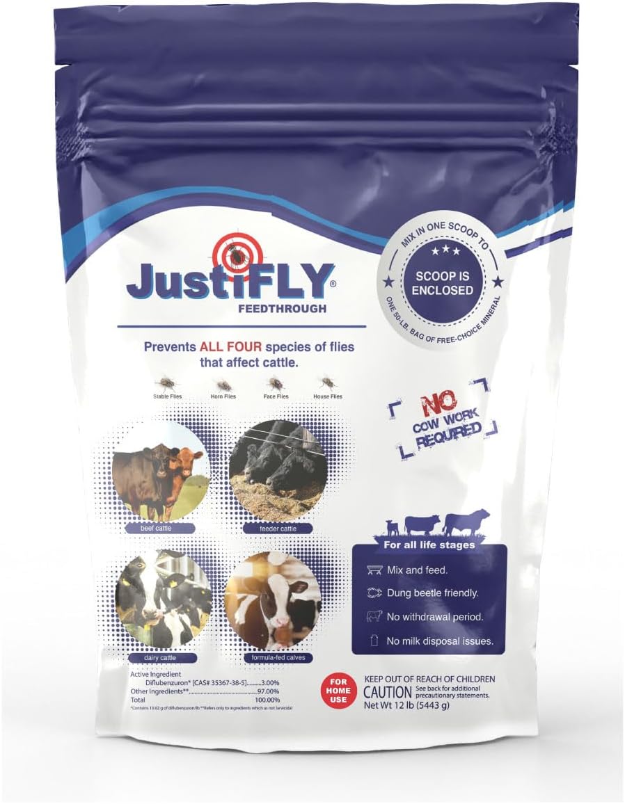 JustiFLY Feedthrough Cattle Fly Control, 12 lb | Non-Toxic Larvicide. Controls All Four Fly Species That Affect Cattle. Over 50 Million Head Treated (12lb, New)