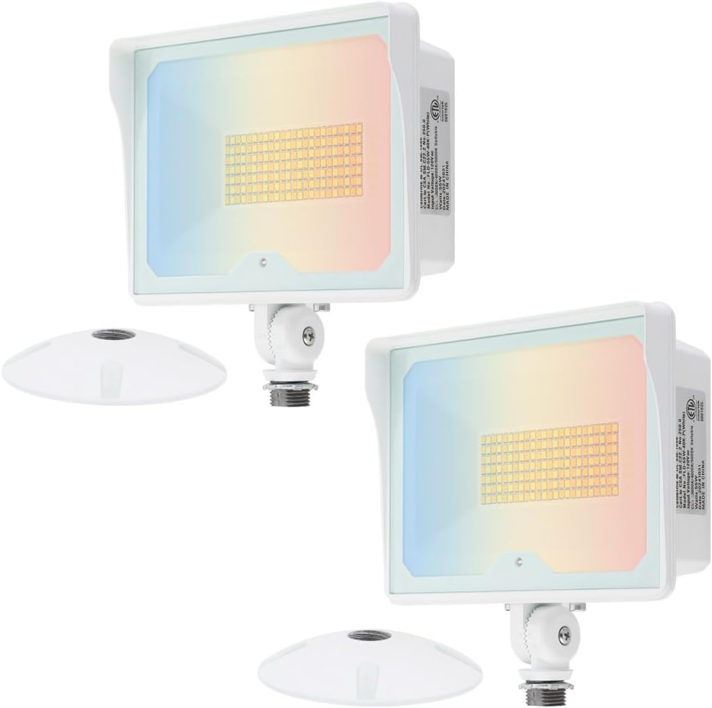 kadision 55W White LED Flood Light with Dusk-to-Dawn Photocell, 3000K/4000K/5000K Selectable, 120V 6600lm IP65 Waterproof Knuckle Mount Outdoor Security Lights, ETL Listed 2-Pack