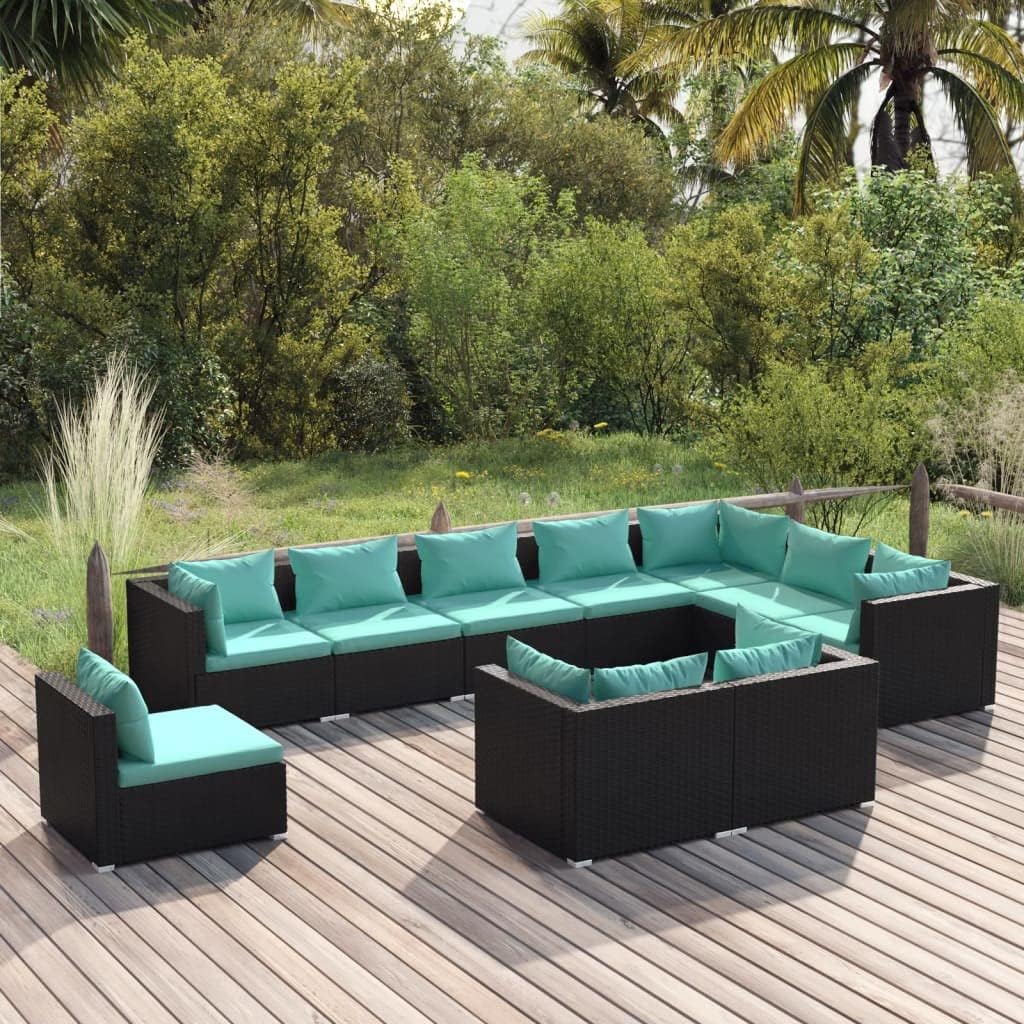 10 Piece Patio Lounge Set with Cushions Poly Rattan Black,Premium Poly Rattan Patio Lounge Set with Modular Design and WaterResistant Cushions Furniture Sets for Patio, Lawn & Garden
