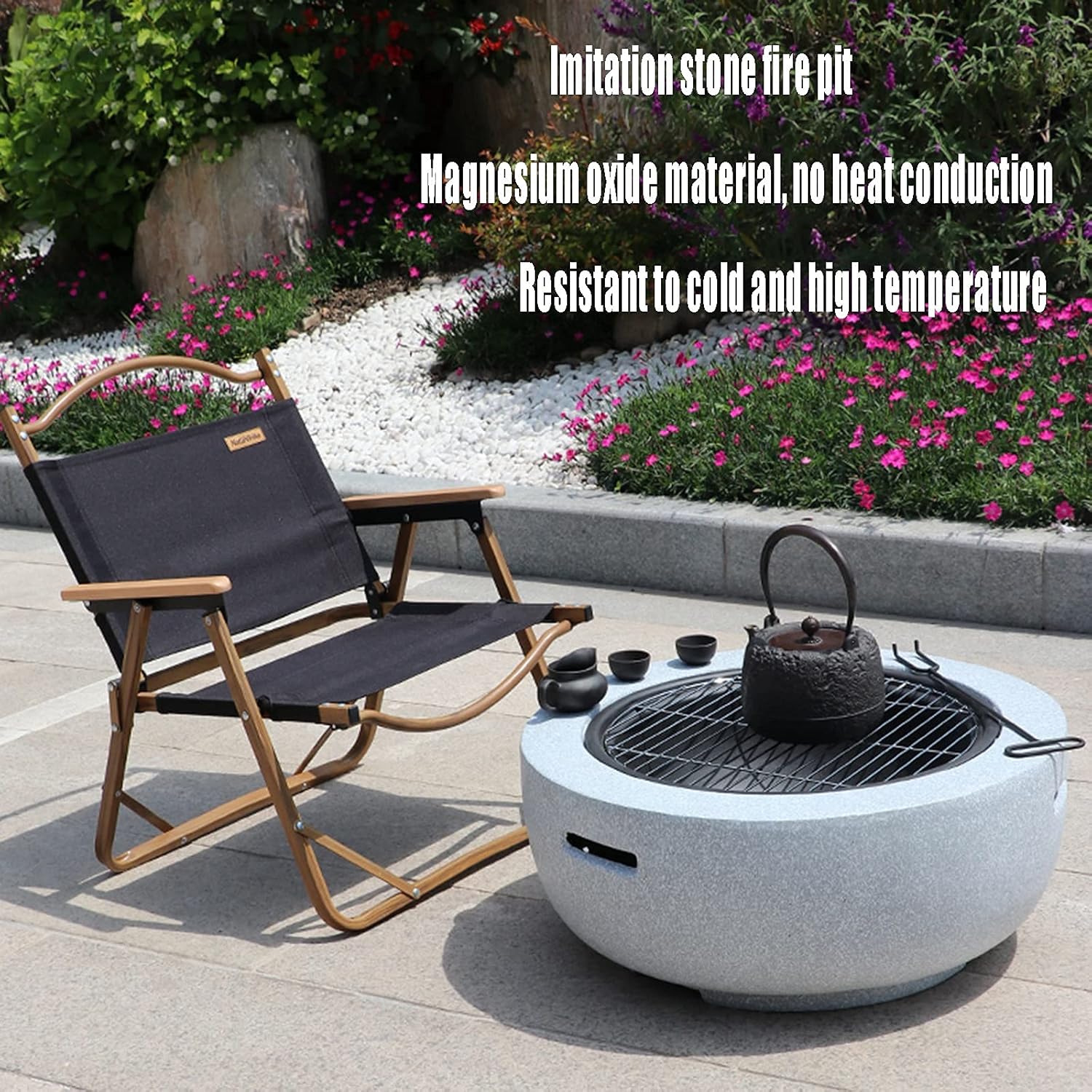 Outdoor Fire Pit Garden Wood Burning Fire Pit BBQ Table, Outdoor Wood Burning Fire Bowl with Spark Screen Cover and Poker, 60cm