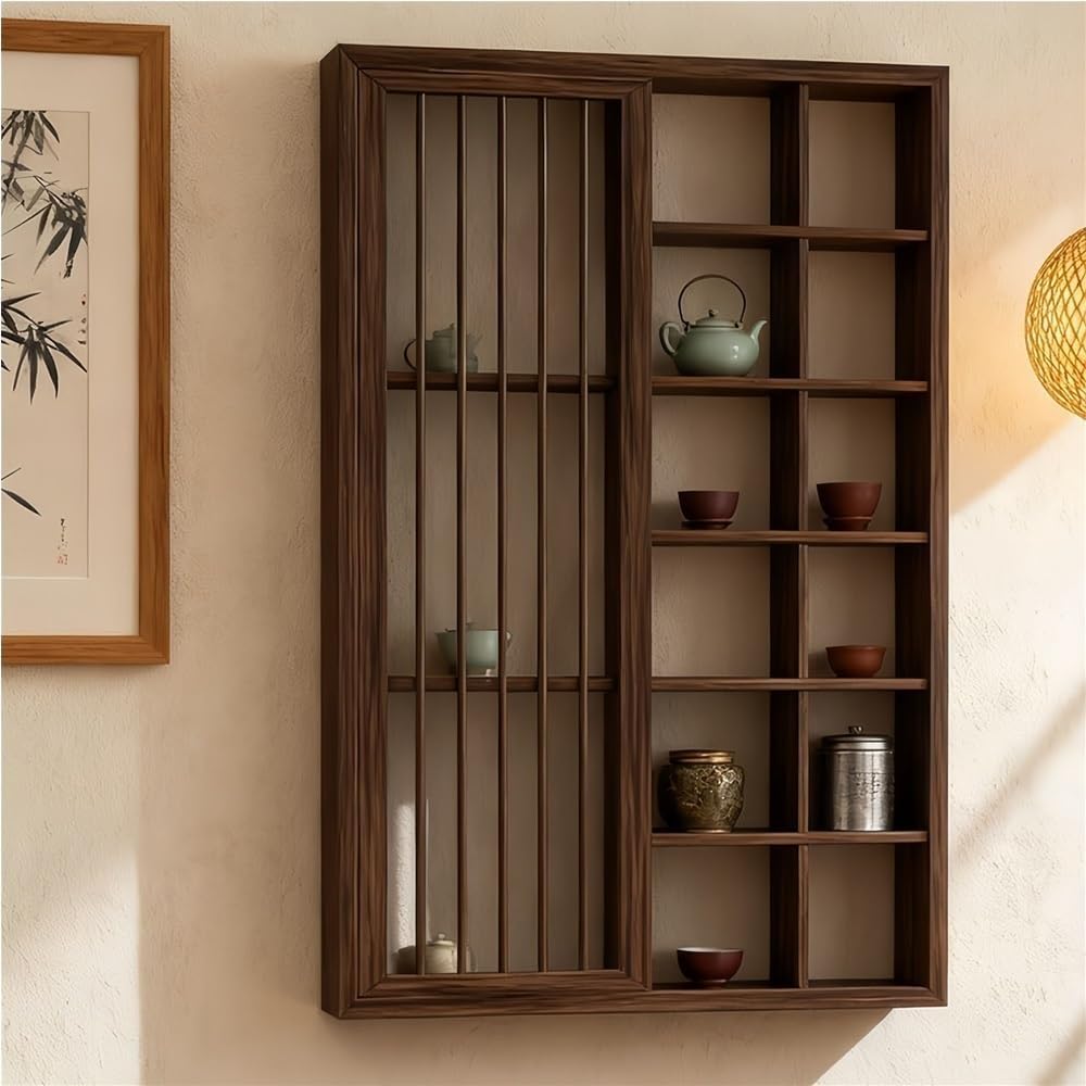 Tea Cup Holder Display Stand, Wall Mounted Cups Holders with Door, Wood Teaware Displays Shelf for Living Room, Tea Room, Office(35.43 * 23.62in)