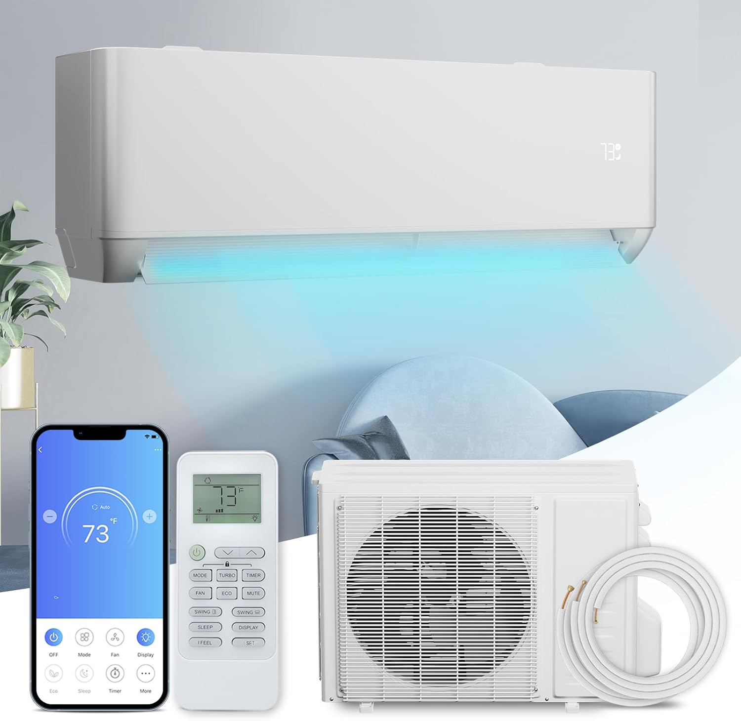 Magshion 12000 BTU Mini Split AC with Heat Pump, 1 Ton Pre-Charged 22 SEER2 Inverter Air Conditioner, 115V, WiFi Enabled & Voice Control, Cools Rooms Up to 550 Sq. Ft