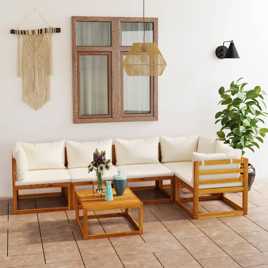 6 Piece Patio Lounge Set with Cushion Cream Solid Acacia Wood Garden Furniture