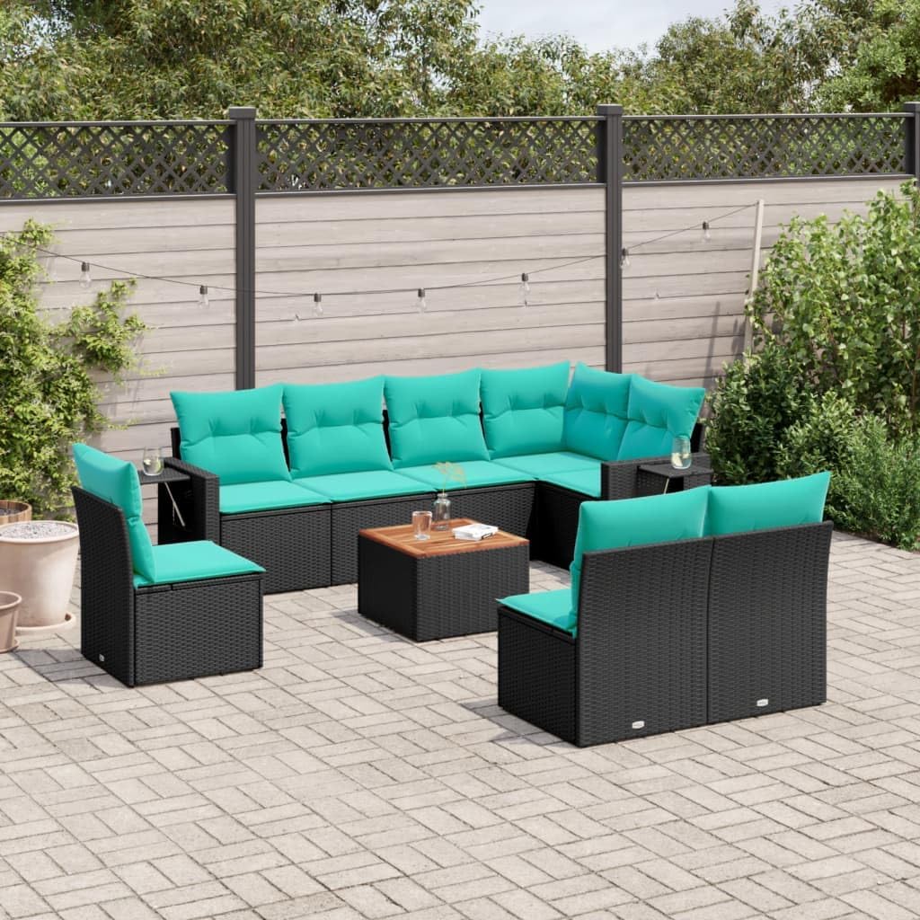 9 Piece Patio Sofa Set with Cushions, Black Poly Rattan Outdoor Furniture, Modular Design for Garden, Backyard, Terrace, UV-Proof