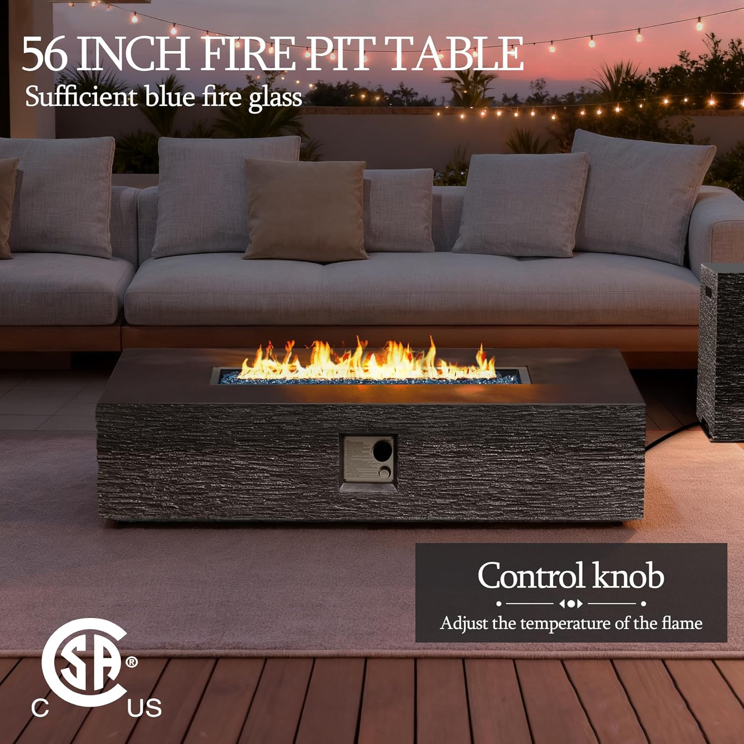 UPHA 56-inch Outdoor Propane Gas Fire Pit Table 50000 BTU Concrete Rectangle FirePit for Outside Patio with Propane Tank Cover, Blue Glass Rocks, Rain Cover, Grey Horizontal Stripe