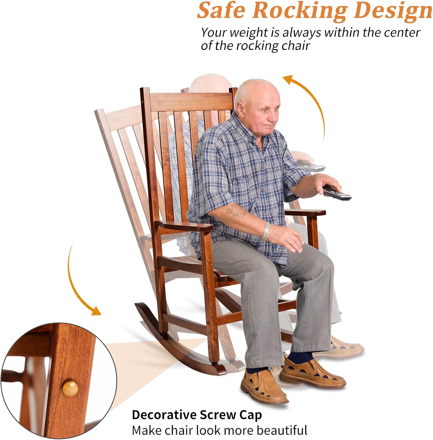 Outvita Outdoor Rocking Chair Set of 4, Solid Wood High Back Rocker, All Weather Lounge Chair for Porch Patio Fire Pit Garden Backyard Deck Indoor, Natural