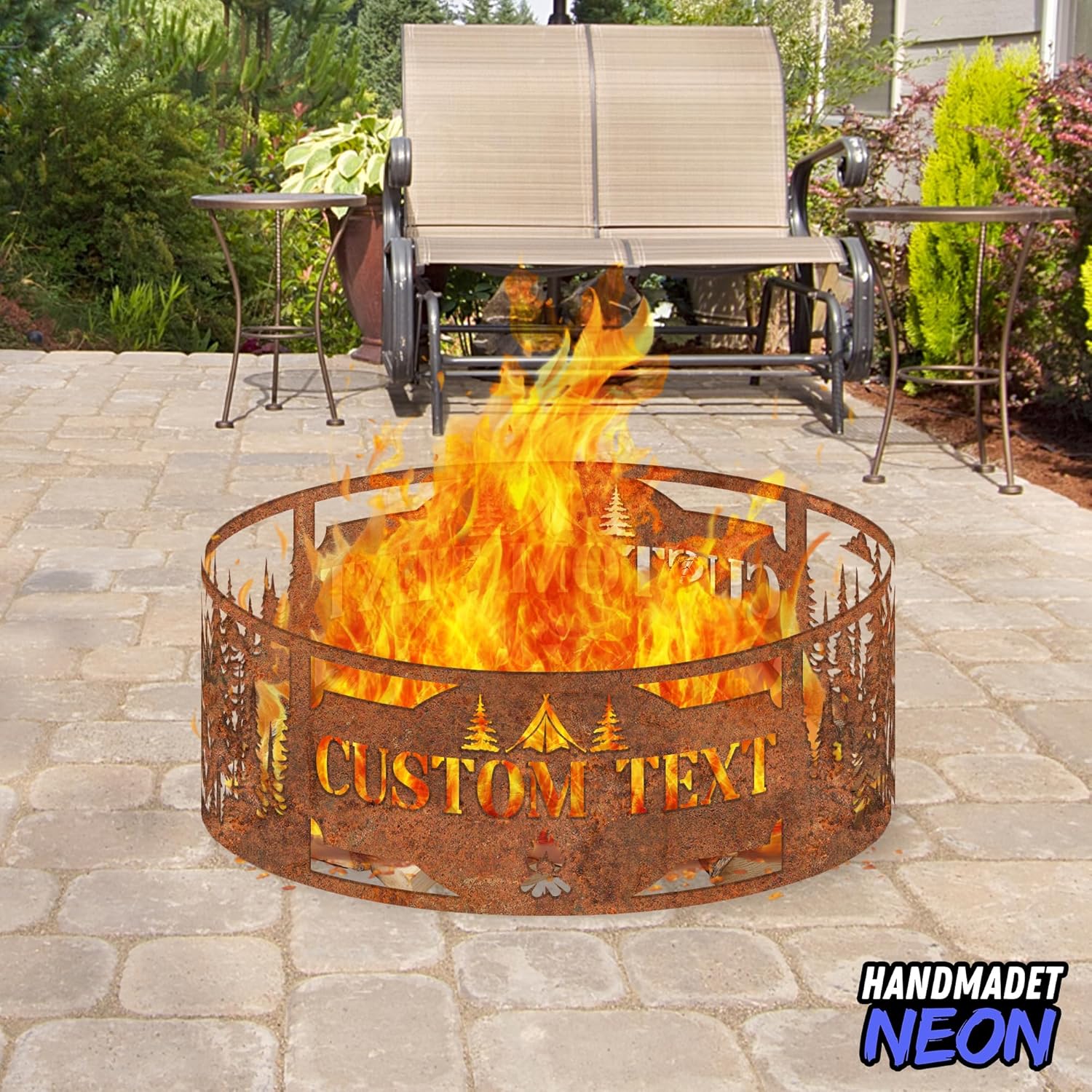 Personalized Rusty Forest Bear Fire Pit Ring 360 Degree, Custom Outdoor Rusted Campfire Round Firepit, Pits Gifts for Wood Burning, Fireplace, Camping Essentials, Raised Garden Bed