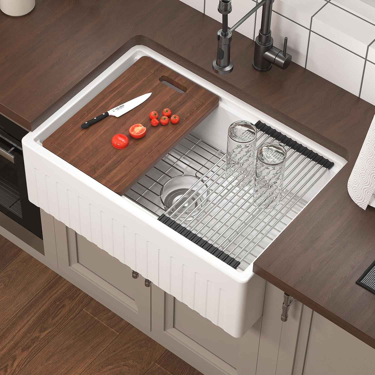 30 Inch Workstation Farmhouse Sink, White Fireclay Apron Front Kitchen Sink, Rectangular Undermount Sinks, Deep Deep Drop-in Single Bowl Reversible Sinks with Accessories