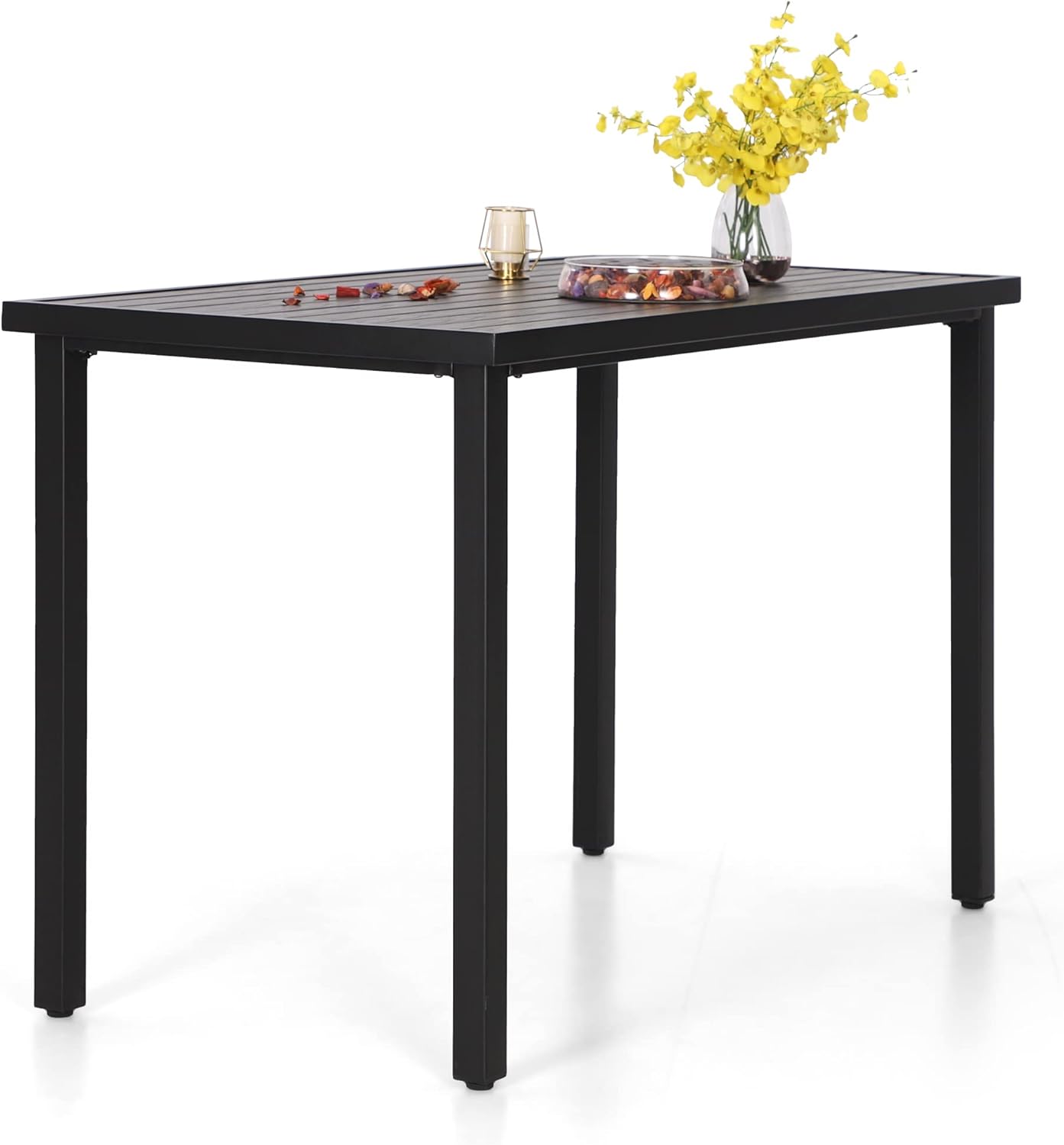 PHI VILLA Outdoor Tall Bar Table, 55”x27” Counter Height Dining Table with Wood-Like Metal Frame & Adjustable Feet, High Top Pub Cafe Table for Patio, Yard