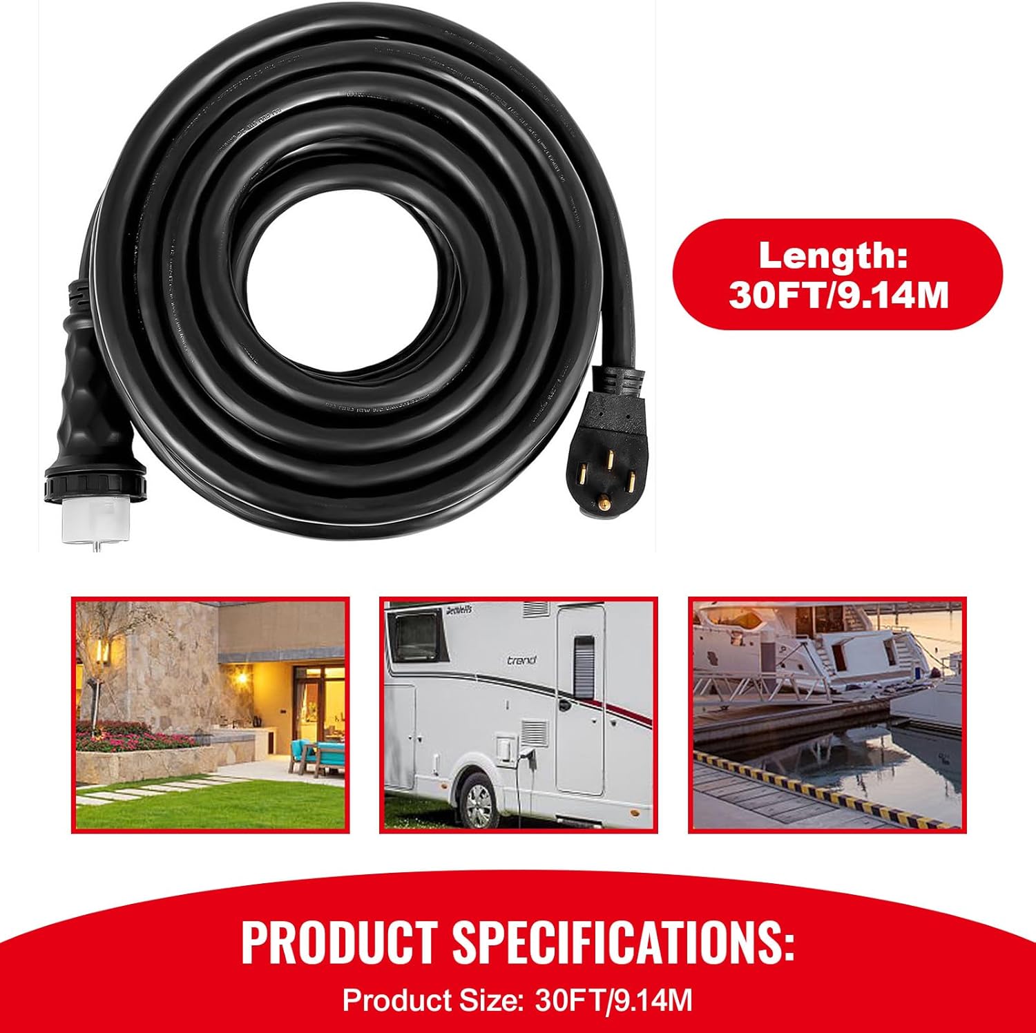 Happybuy 30FT Generator Power Cord, 50A 125/250V, 14-50P to CS6364 Locking Plug – Heavy-Duty Extension Cord for Safe Power Transfer, Weatherproof, UL-Listed