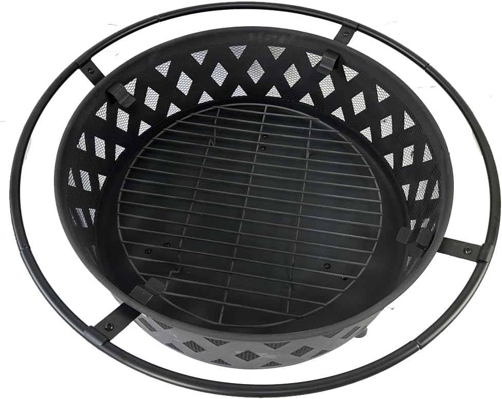 Round fire Pit with net Cover, fire Poker, Diamond mesh, Metal Wood Burning Outdoor fire Pit, Suitable for courtyards, backyards, Gardens, Bonfire Parties, Christmas, Thanksgiving, Halloween