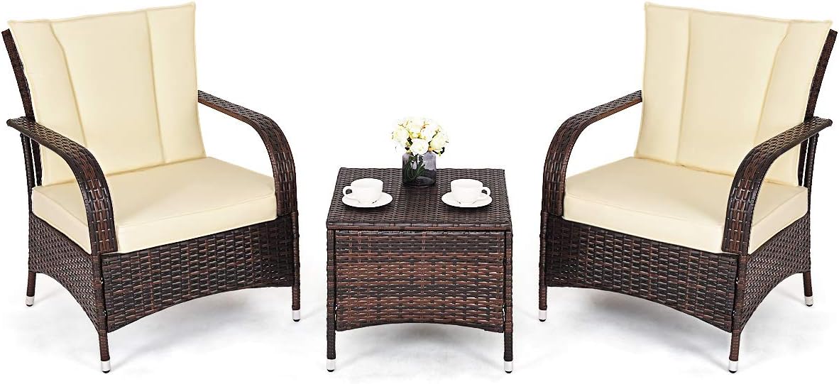 Tangkula 3 Piece Patio Furniture Set, 2 Wicker Chairs with Glass Top Coffee Table, Outdoor Garden Porch Poolside Furniture Set for 2, Rattan Conversation Set