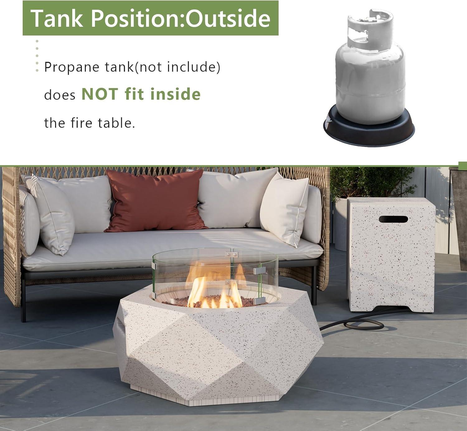 COSIEST 2-Piece Outdoor Propane Firepit Table Set w Tank Table, 24-inch Terrazzo White Hexagon Fire Table, Wind Guard and 16 inches Tank Side Table 20lb for Garden,Pool