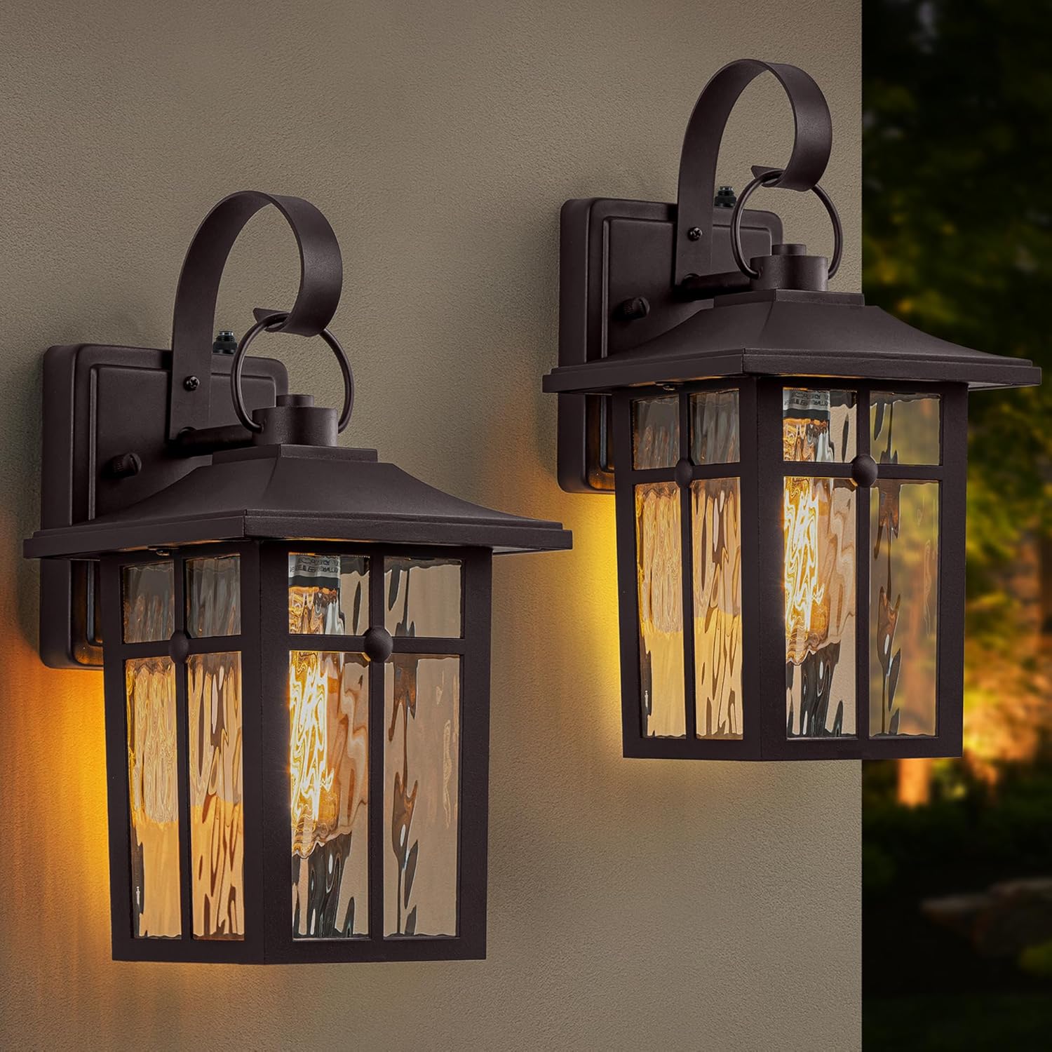 2 Pack Dusk to Dawn Outdoor Lighting, Oil Rubbed Bronze Exterior Light Fixtures with Ripple Glass, Waterproof Aluminum Porch Lights, Outside Lantern Light for Entryway, Garage, Patio