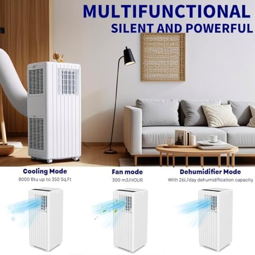 8,000 BTU Portable Air Conditioner - 3-In-1 Cooling, Dehumidifier & Fan for Rooms Up to 350 Sq.Ft. - Quiet AC Unit With Remote, 24H Timer & Window Kit
