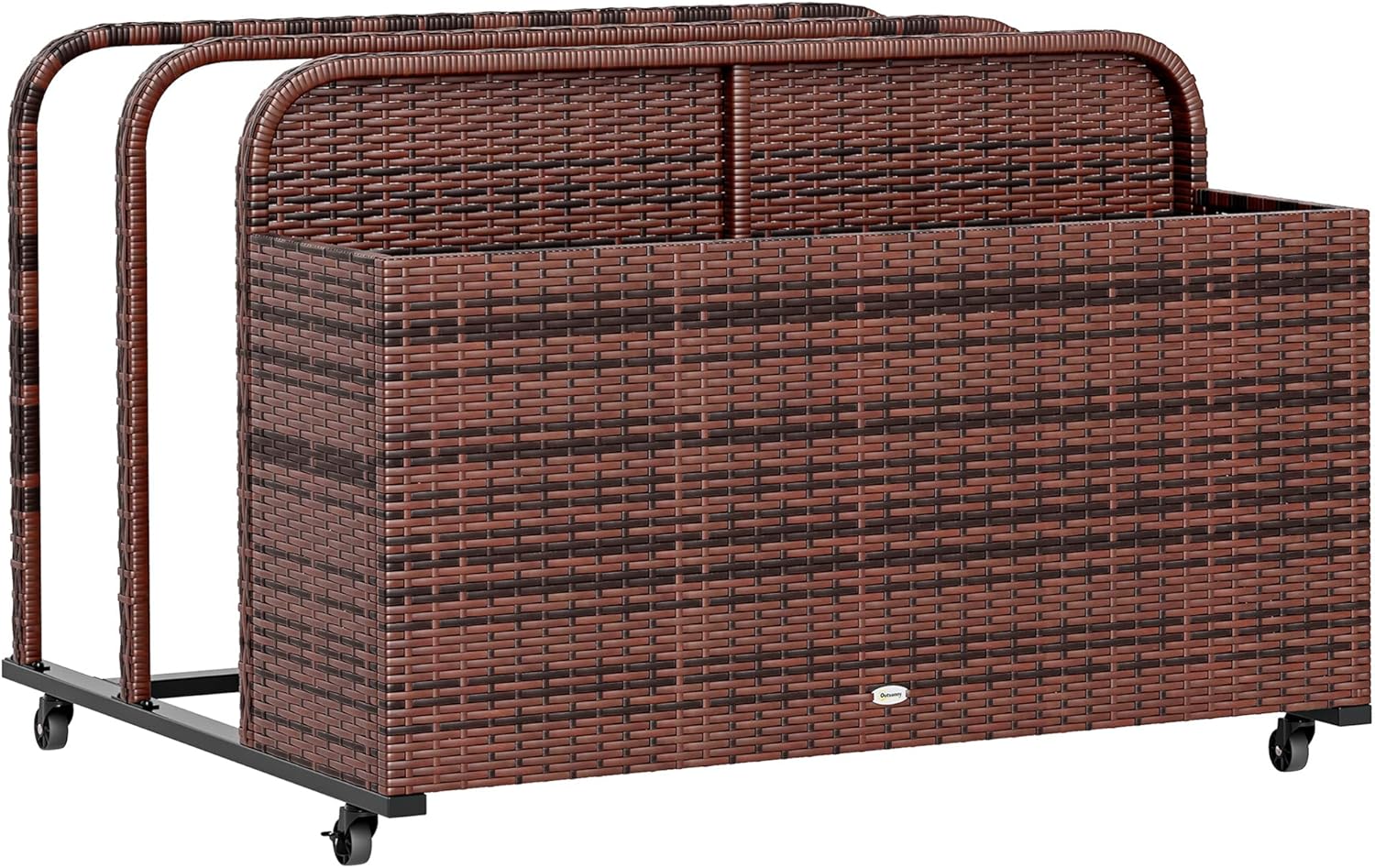 Outsunny Wicker Pool Float Storage Organizer, PE Rattan Outdoor Pool Float Holder with Rolling Wheels for Noodles, Life Vests, Beach Balls, Patio Furniture, Mixed Brown