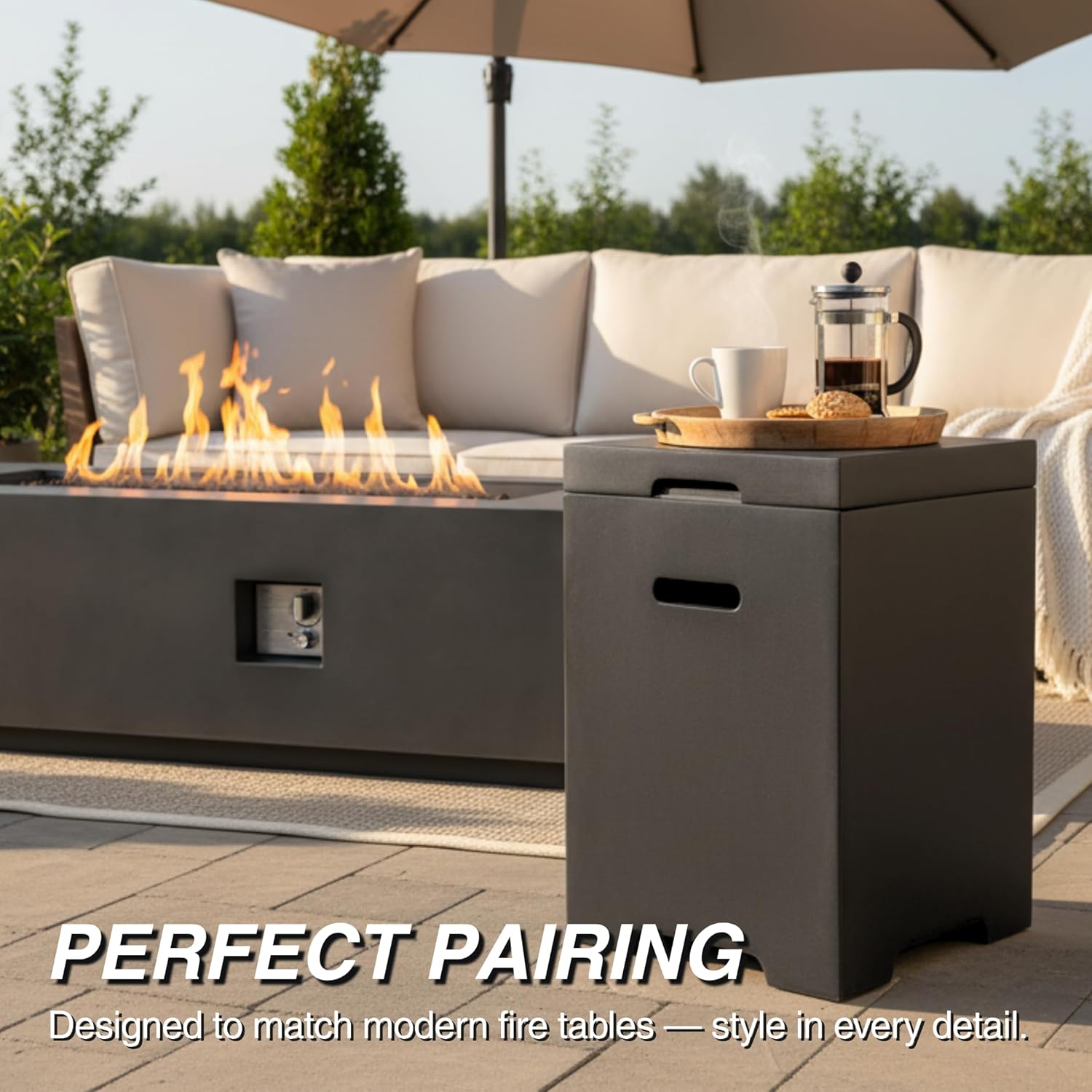 Concrete Propane Tank Cover with Functional Side Table Design, Dark Grey Lightweight Construction Hides 20LB Cylinders for Fire Pit and Griddle Setups While Providing Patio Table Space