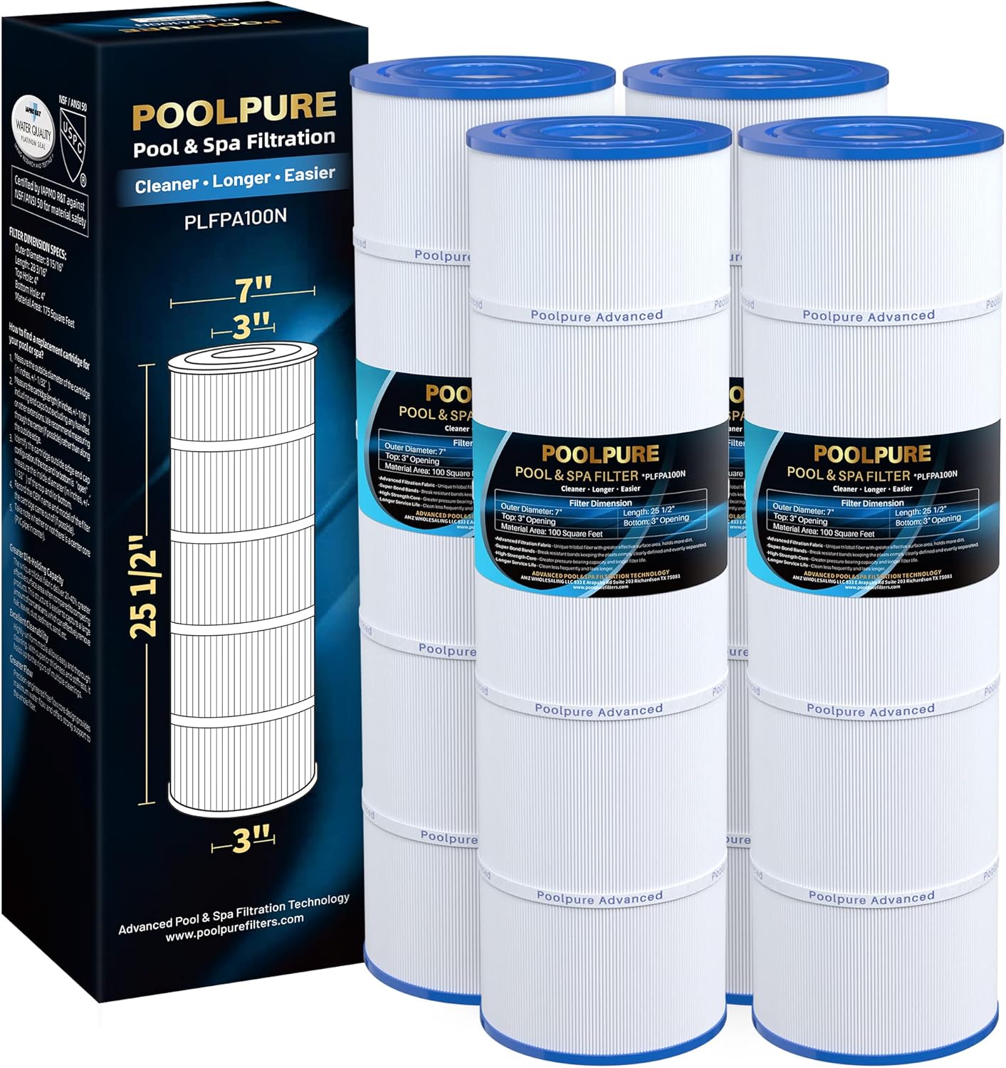 POOLPURE PLFPA100N Pool Filter Replaces PA100N, PA100N-4, Unicel C-7487, Filbur FC-1270, Hayward CX870RE, CX870-XRE, Hayward C4000, C4020, C4000S, 4PACK