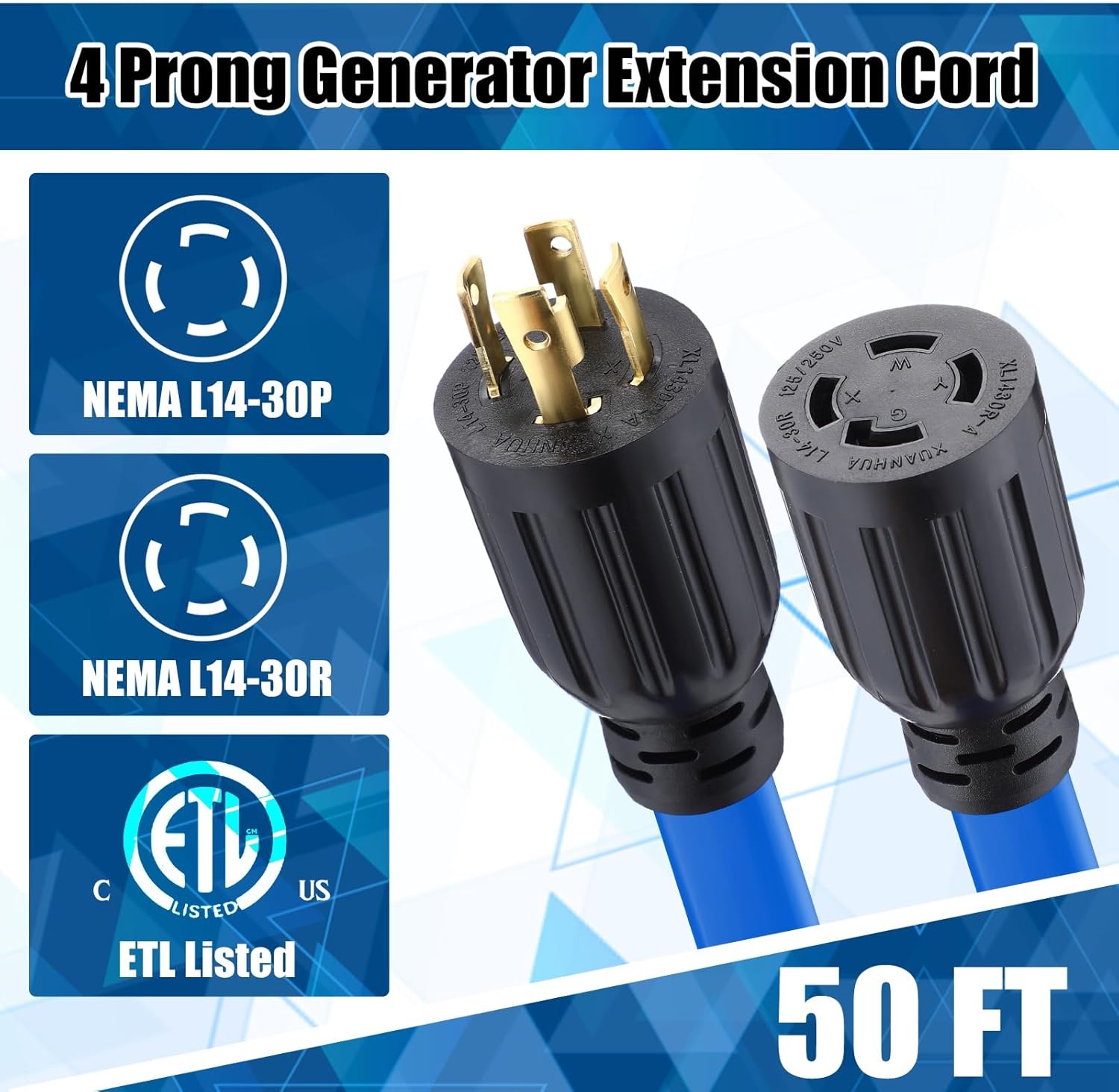 Kanayu 50 FT 4 Prong 30 Amp Flat Generator Extension Cord Compatible with NEMA L14-30P/L14-30R 10 Gauge Flat Generator Power Cable Locking for Manual Transfer Switch 125/250V 7500W, ETL Listed