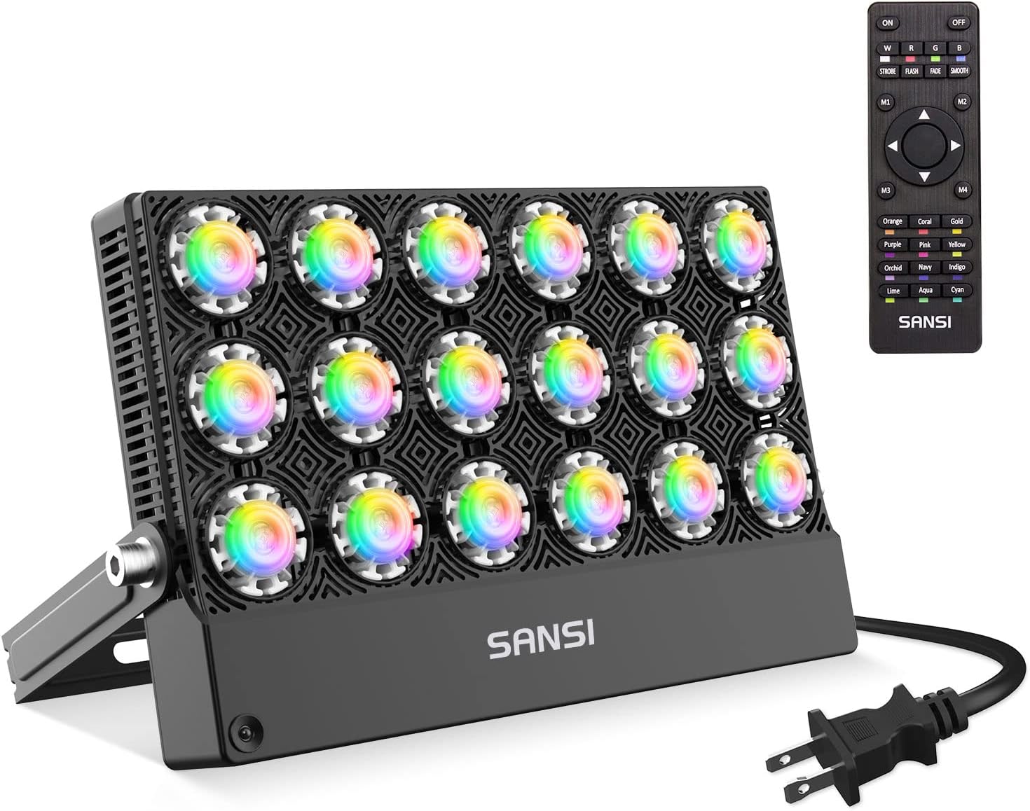 SANSI Led Flood Light 600W Equivalent with Ceramic Technology, Outdoor Indoor Color Changing Led Stage Party Christmas Lighting, RGBW Remote Floodlights 100W,16 Colors 4 Modes,Dimming for Garden Yard
