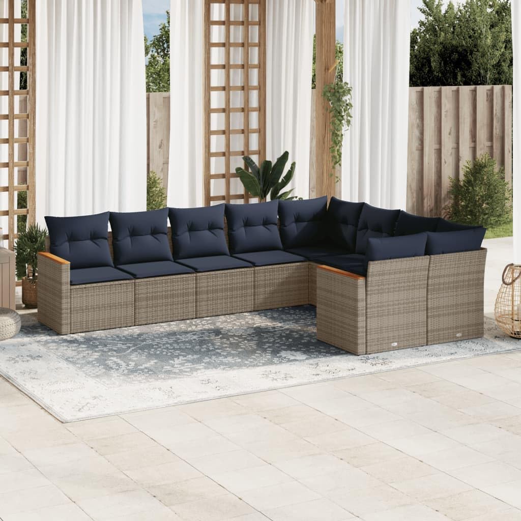 9 Piece Garden Sofa Set with Cushions, Grey Poly Rattan Outdoor Patio Furniture, Modular Design for Backyard, Terrace, Balcony