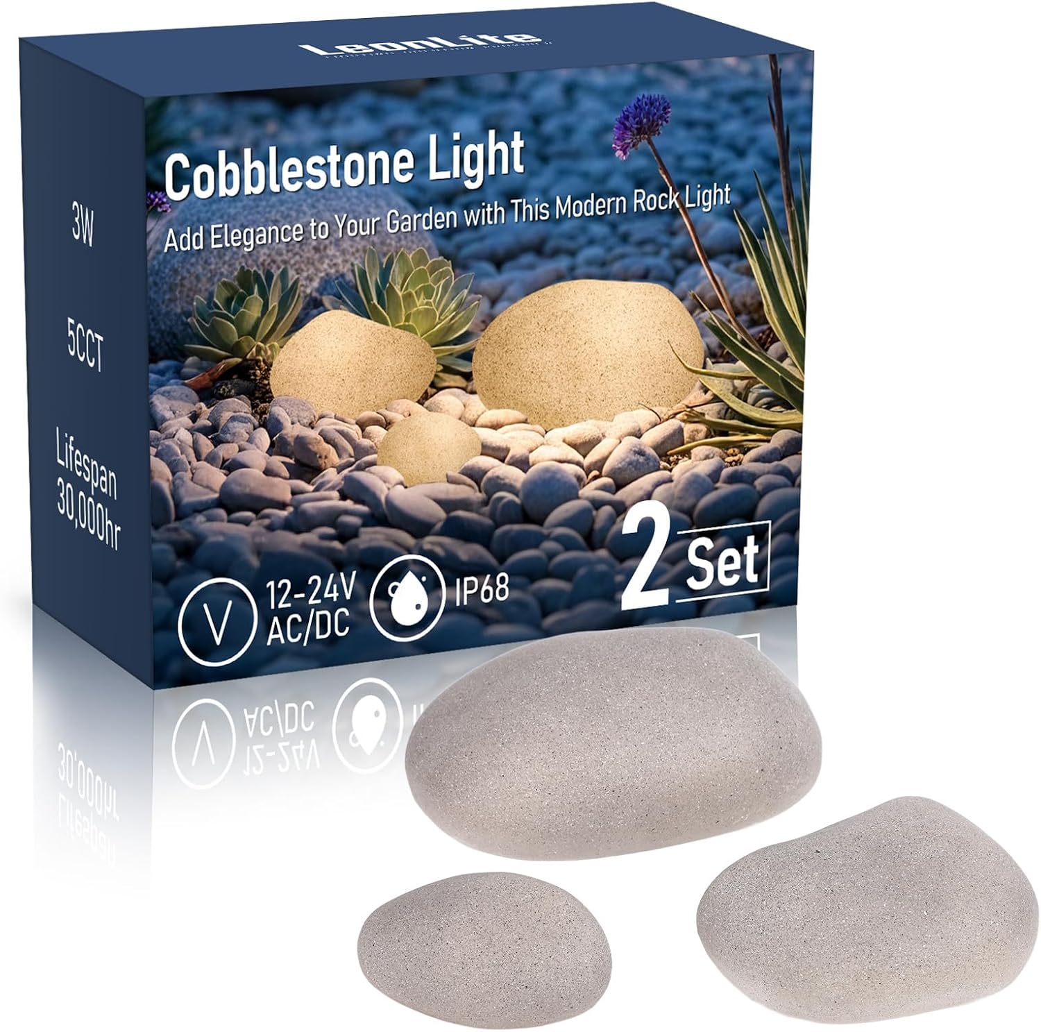 LEONLITE Low Voltage LED Rock Lights Outdoor, 12-24V AC/DC Cobblestone Pathway Lights 6Pcs, 5CCT 3W Pebble Light, 1800K/2700K/3000K/4000K/5000K Selectable, Garden Light for Yard, Light Gray, 2 Set