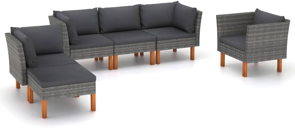 6 Piece Patio Lounge Set Poly Rattan and Eucalyptus Wood Gray,Cozy and Durable Outdoor Rattan Lounge Set for Relaxing and Entertaining Furniture Sets for Patio, Lawn & Garden