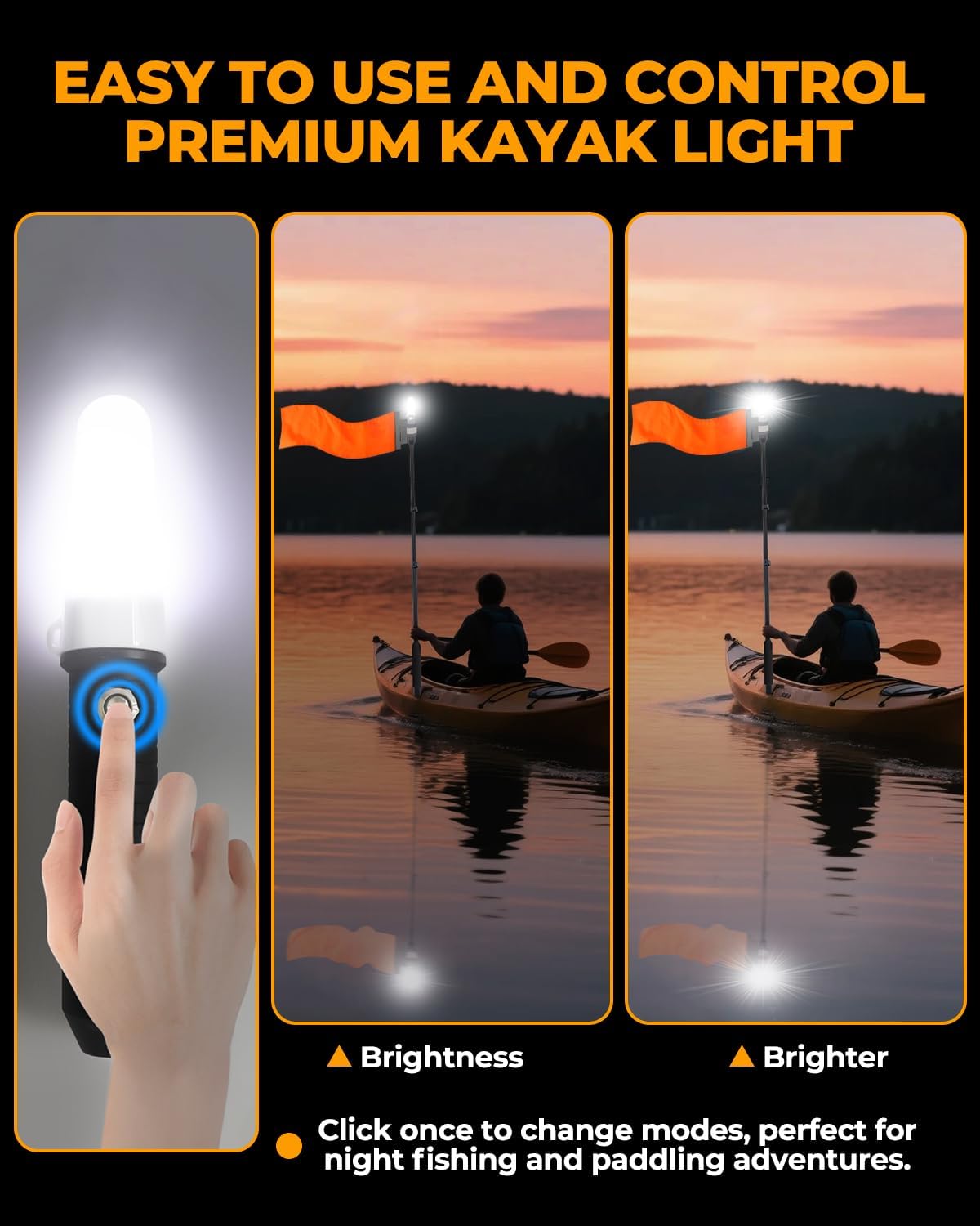 Tavaray Kayak Lights With Orange Flag Pole Kit, 360° Led White Boat Lights, 55.5