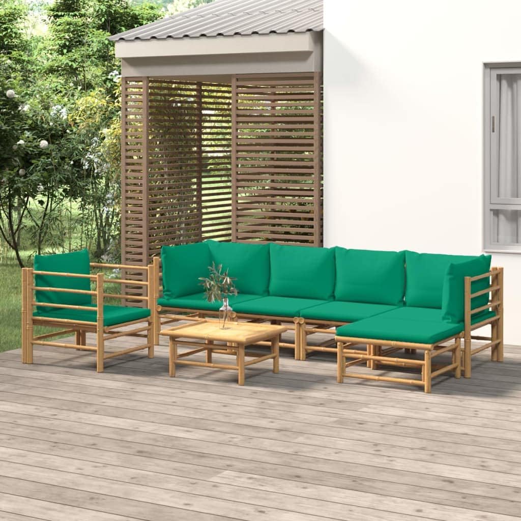 Patio Set 7 Piece Patio Lounge Set with Green Cushions Bamboo
