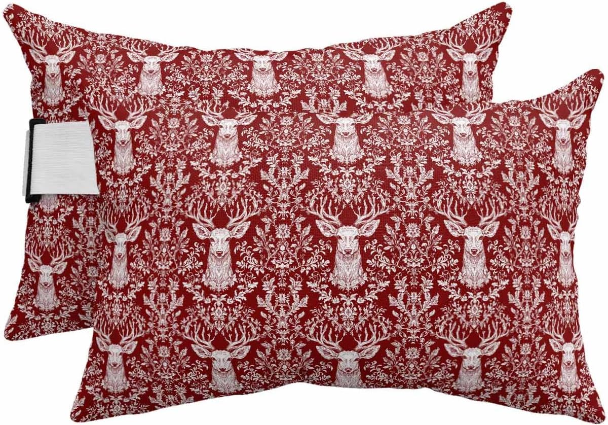 Outdoor Pillow for Chaise Lounge Chair Deer Head Waterproof Lumbar Pillow with Insert Branches Leaves Red Headrest Pillow with Adjustable Elastic Stripe for Recliner Beach Garden Patio 12x20 Inch