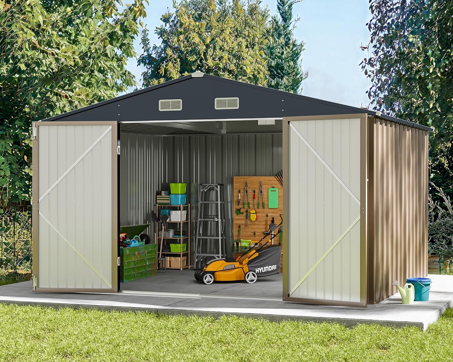 Greesum Metal Outdoor Storage Shed 10FT x 8FT, Steel Utility Tool Shed Storage House with Door & Lock, Metal Sheds Outdoor Storage for Backyard Garden Patio Lawn (10' x 8'), Brown