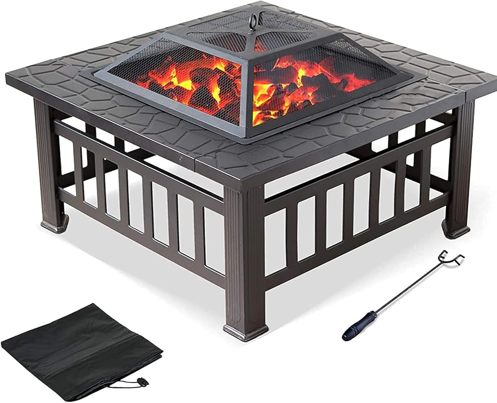 32In Outdoor Fire Pit Metal Square Firepit Patio Stove Wood Burning BBQ Grill Fire Pit Bowl with Spark Screen Cover, Poker