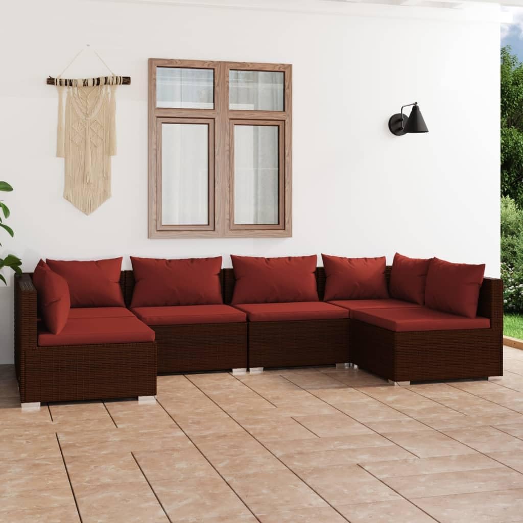 6 Piece Patio Lounge Set with Cushions Poly Rattan Brown,Cozy Outdoor Rattan Patio Lounge Set with Removable Washable Cushions for Relaxing and Entertaining Patio Furniture Sets, Outdoor Furniture Set