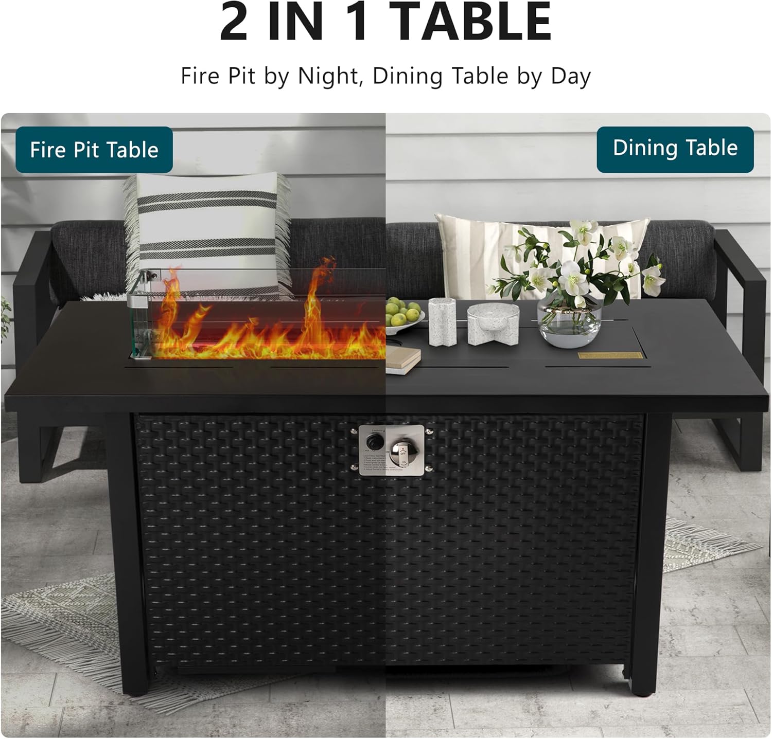 45 Inch Outdoor Propane Fire Pit Table with 200D Oxford Fabric Table Cover，50,000 BTU Gas Fire Pits for Outside Patio with Clear Blue Glass Wind Guard,Patio Fire Pit Table Iron Tabletop&Frame，Black