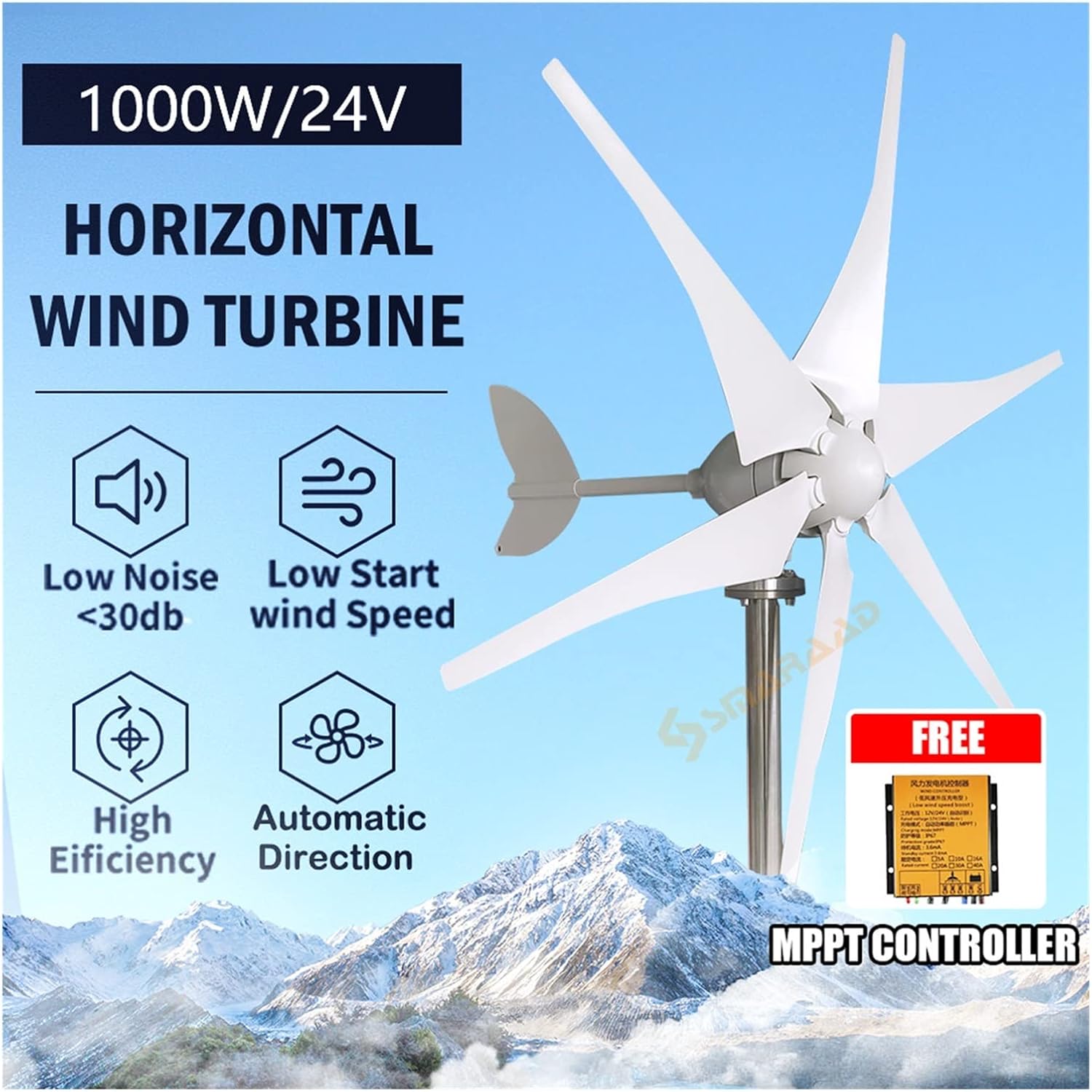 Wind Turbine Wind Turbine Generator 600w 800w 1000w Horizonta Wind Turbine Generator 12v 24v 48v Windmill Low Noise Small WindMill MPPT Controller (Color : 3, Size : 1_12V_TURBINE ONLY)