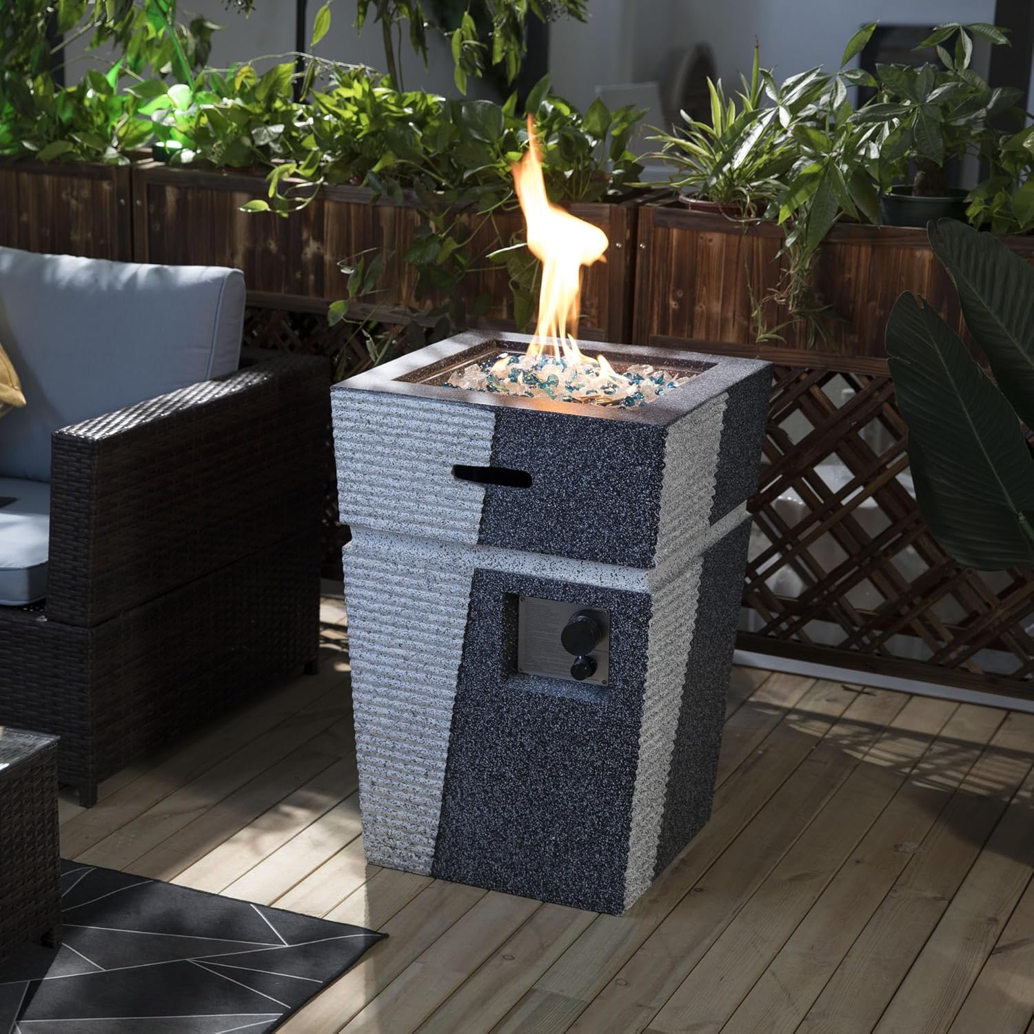 Outdoor Concrete Fire Pit Column – Propane Gas Fire Pit with 1 Door, Light Grey Blue, Patio, Backyard, and Relaxation (1 Doors)