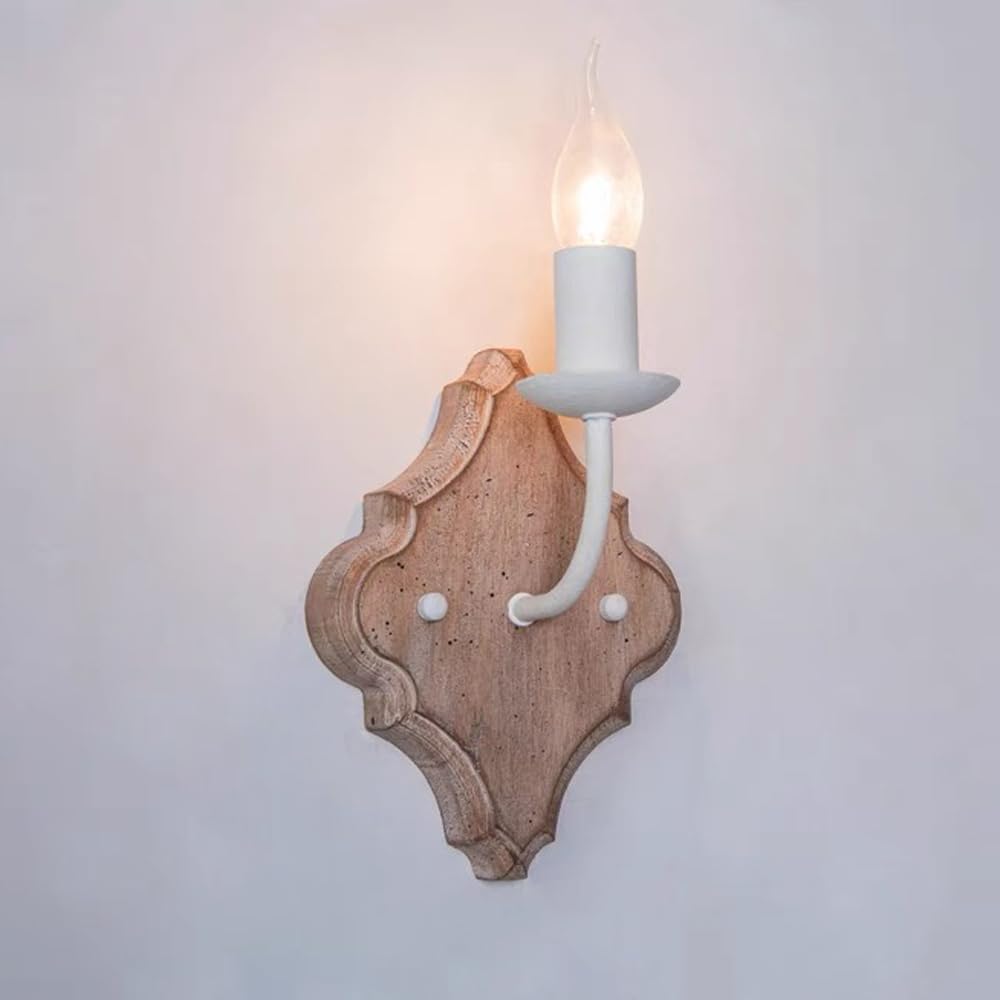 Retro Candle Wall Sconce Vintage Wood Light Mid Century Farmhouse Candlestick Lamp, French Style Elegant Indoor Solid Home Decor Lighting Fixture for Hallway Stairs